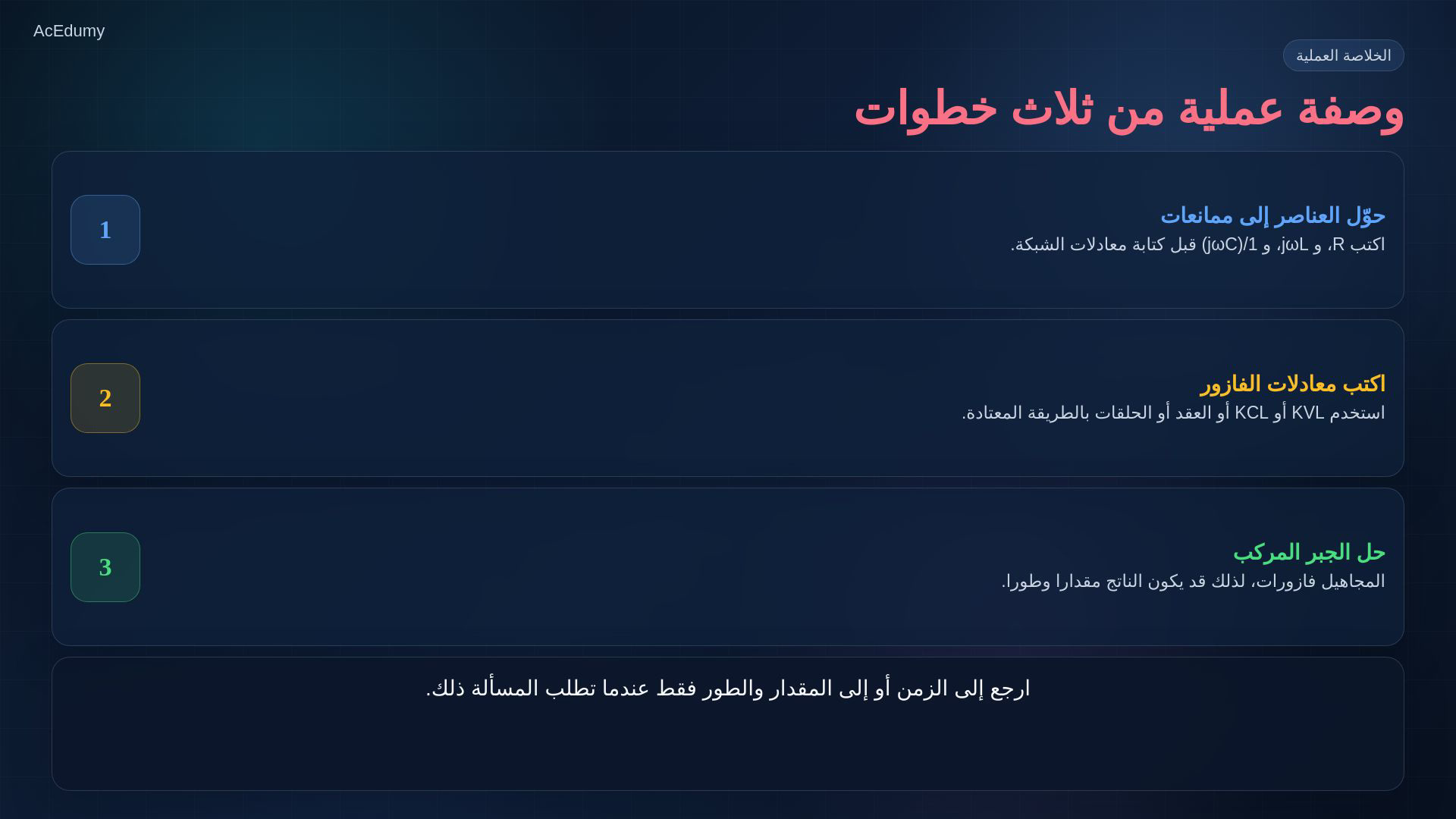إطار من الفيديو العربي يوضح دائرة التيار المتناوب ومعادلات كيرشوف والعقد أو الحلقات بالممانعات.