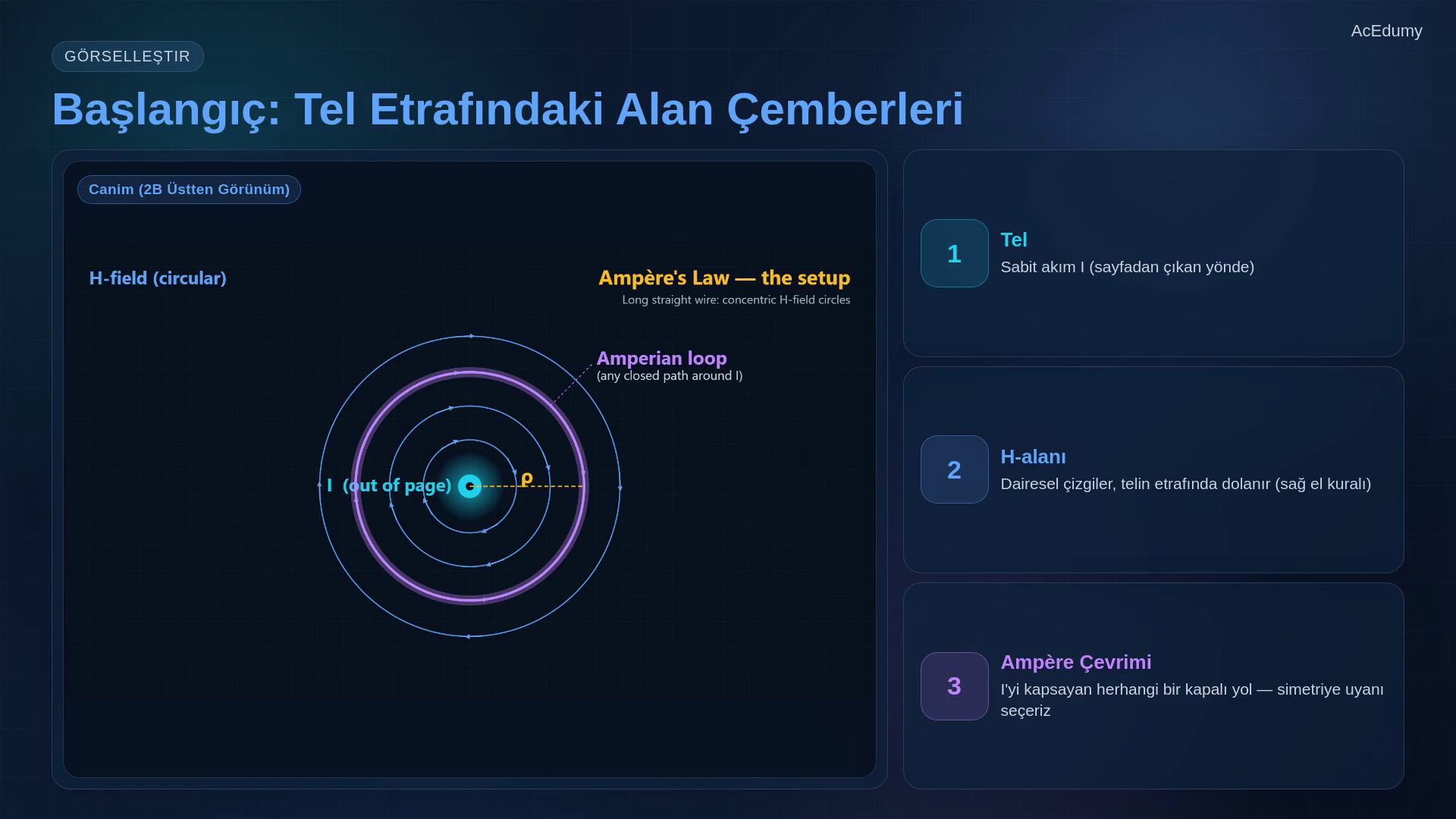 Ampère çevrimini, integral yasayı, sonsuz düz tel türetimini ve diferansiyel formu gösteren ders karesi.