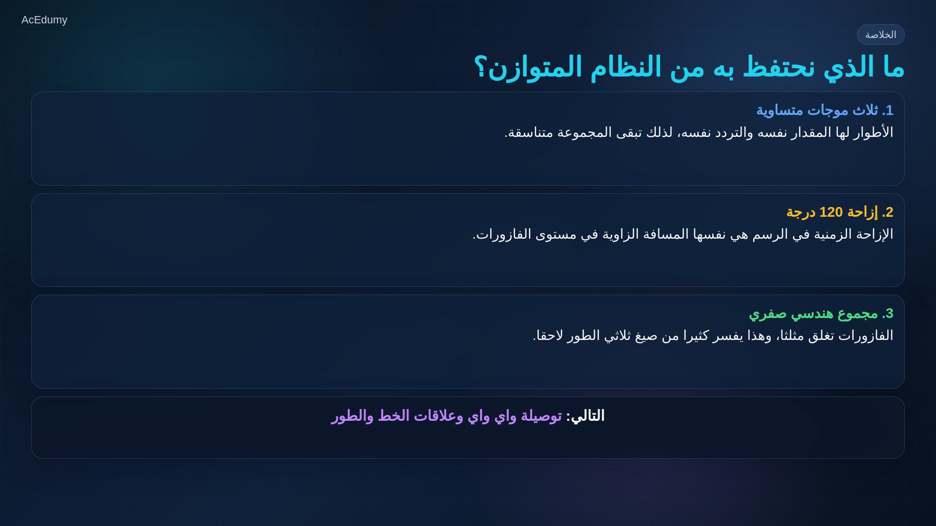 إطار أصلي من درس ثلاثي الطور المتوازن يوضح الموجات أو الفازورات أو ملخص علاقاتها.
