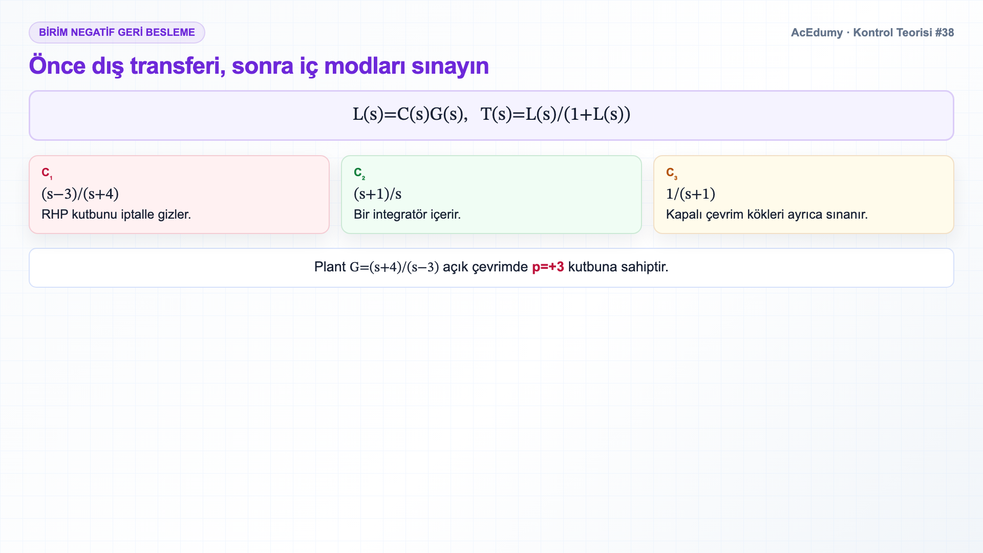Üç transfer fonksiyonunun basamak yanıtlarını ve üç denetleyicinin kapalı çevrim kararlılığı ile kalıcı hata sonuçlarını gösteren Türkçe çözüm karesi.