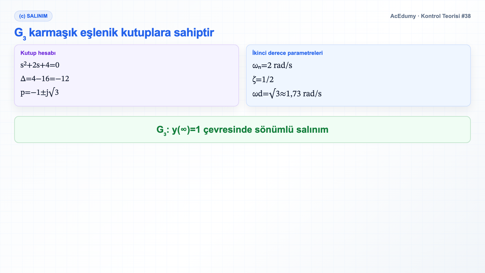 Üç transfer fonksiyonunun basamak yanıtlarını ve üç denetleyicinin kapalı çevrim kararlılığı ile kalıcı hata sonuçlarını gösteren Türkçe çözüm karesi.