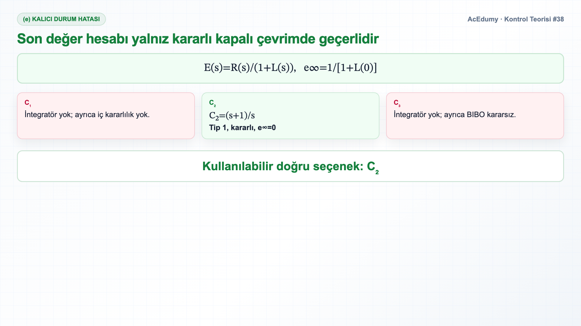 Üç transfer fonksiyonunun basamak yanıtlarını ve üç denetleyicinin kapalı çevrim kararlılığı ile kalıcı hata sonuçlarını gösteren Türkçe çözüm karesi.