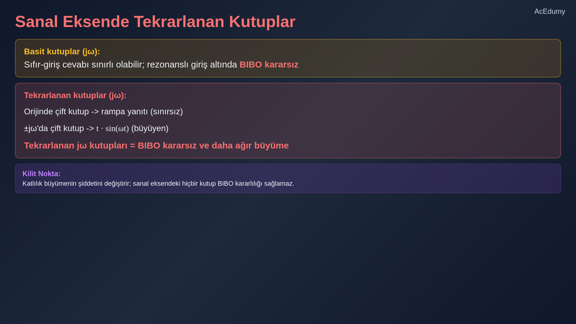 BIBO kararlılık ölçütünü, impuls yanıtının mutlak integralini ve s-düzlemindeki kutup bölgelerini gösteren ders karesi.