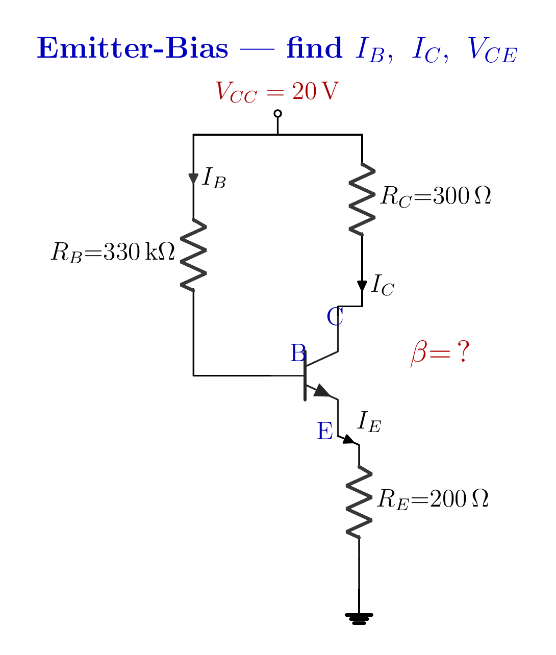V_CC=20 V, R_B=330 kΩ, R_C=300 Ω ve R_E=200 Ω değerli emetör dirençli NPN BJT polarma devresi.