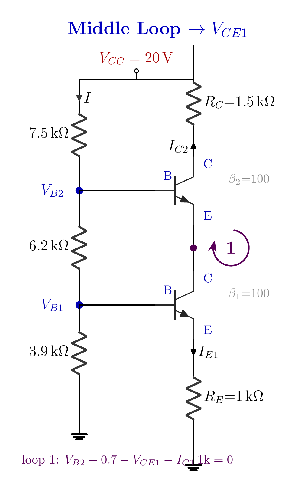 Alt transistörün V_CE1 gerilimini bulmak için işaretlenmiş orta KVL çevrimi.