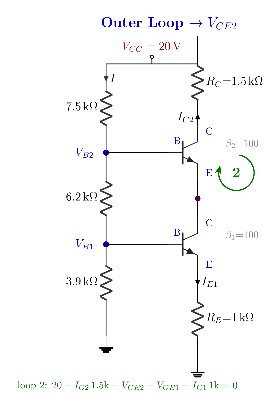 Üst transistörün V_CE2 gerilimini bulmak için işaretlenmiş dış KVL çevrimi.