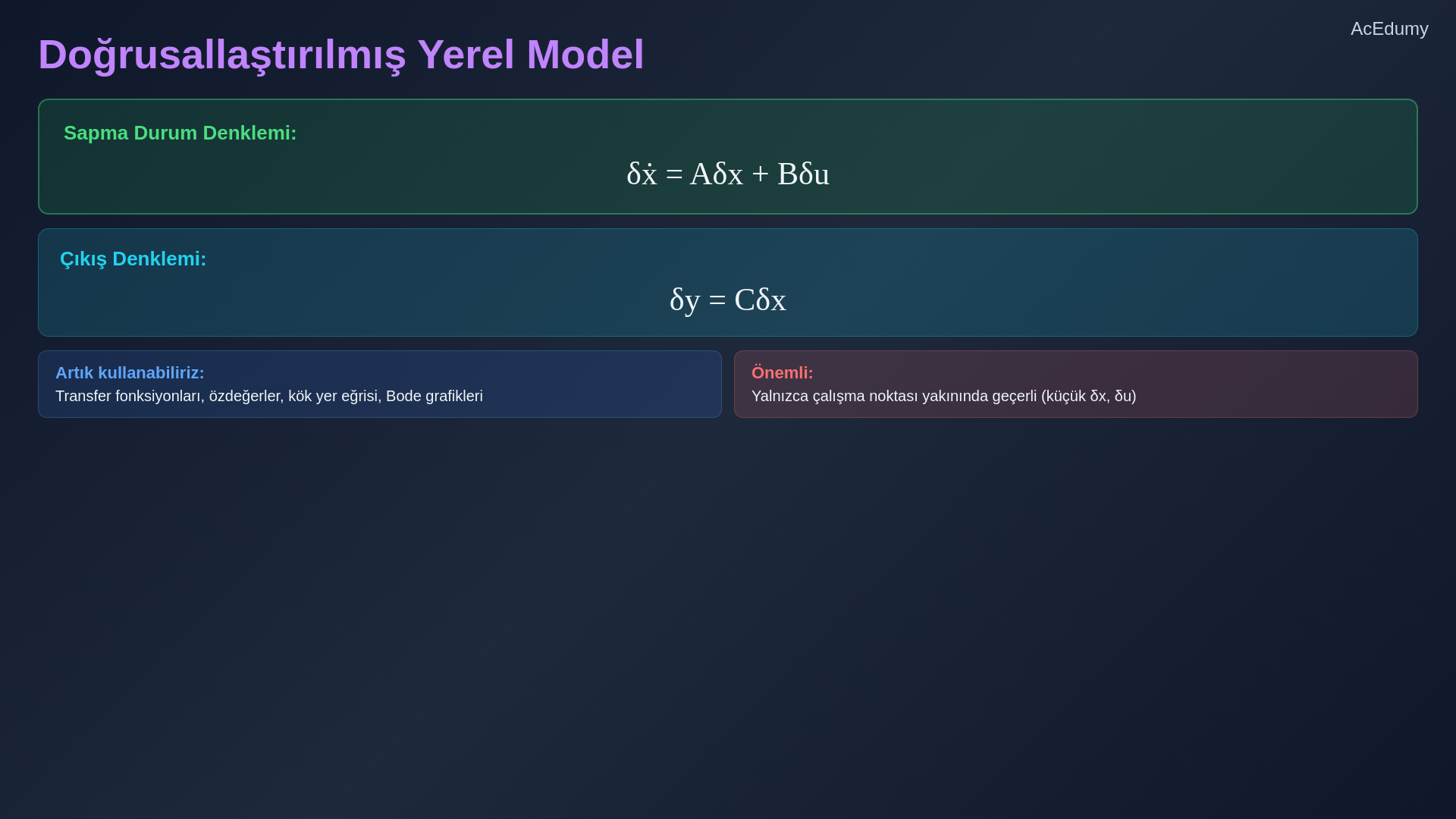 Denge koşulu, Taylor açılımı, manyetik süspansiyon Jakobiyenleri ve yerel doğrusal yaklaşımın geçerlilik bölgesini gösteren ders karesi.