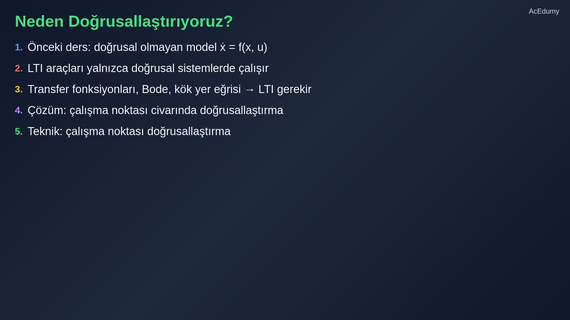 Denge koşulu, Taylor açılımı, manyetik süspansiyon Jakobiyenleri ve yerel doğrusal yaklaşımın geçerlilik bölgesini gösteren ders karesi.