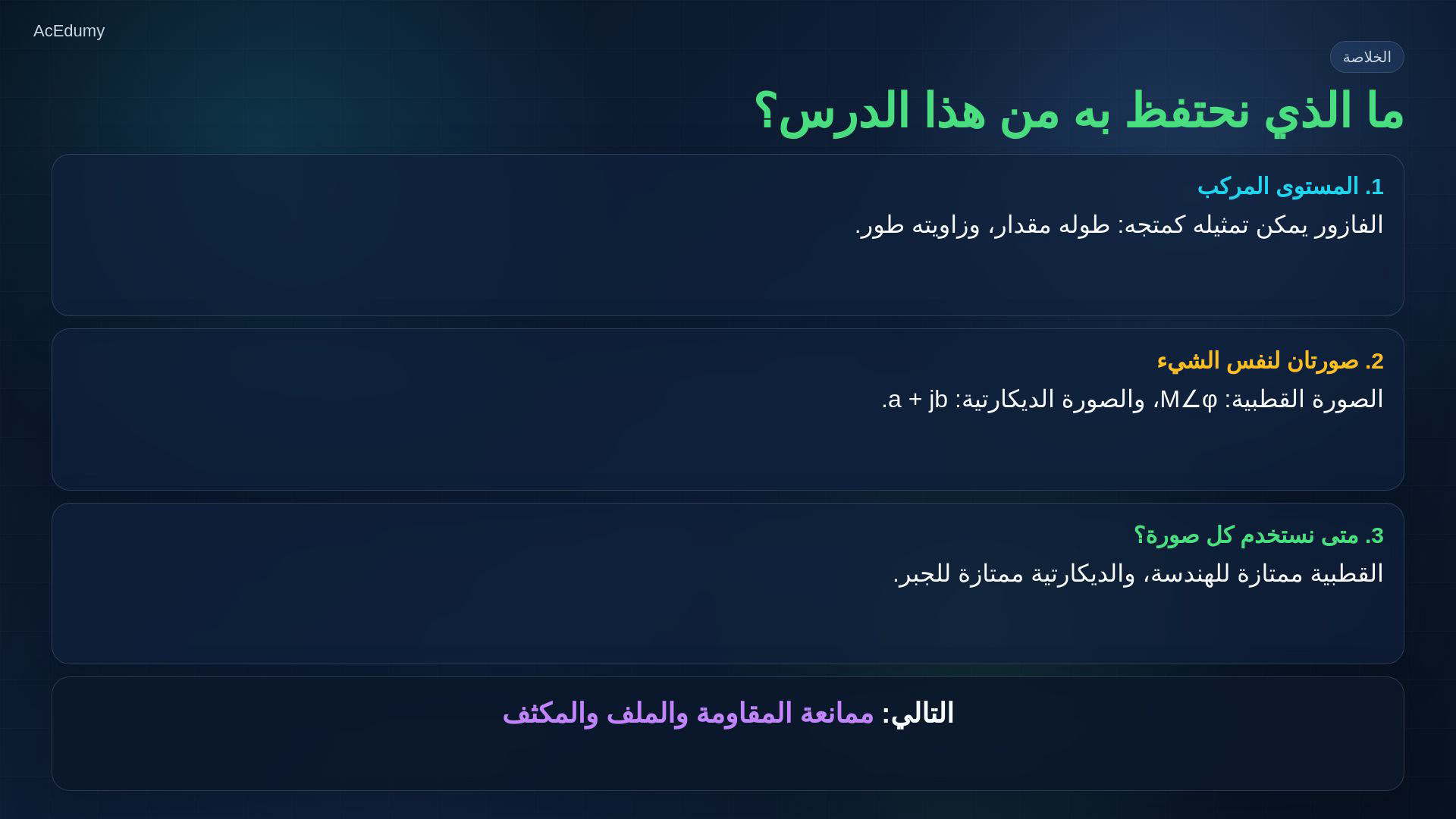 إطار من الفيديو العربي يوضح المستوى المركب والفازور وصورتيه القطبية والديكارتية.