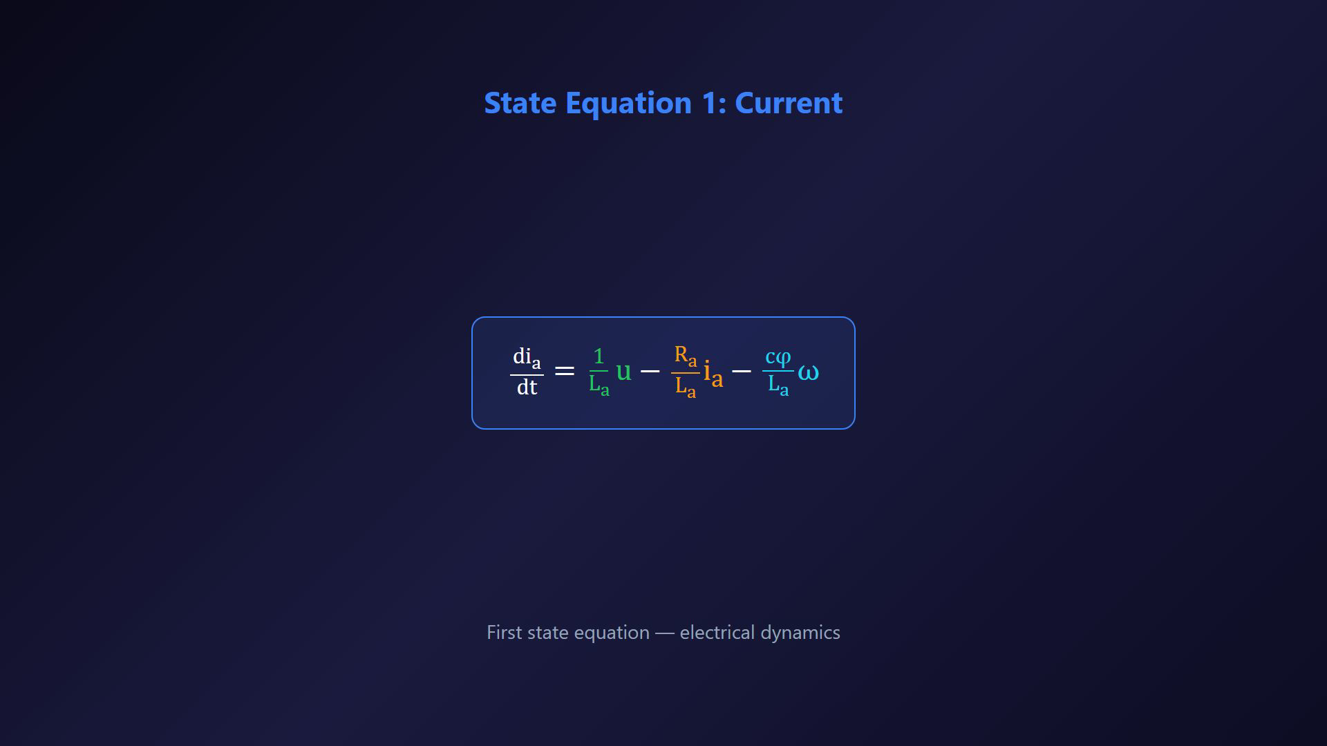 Existing DC motor lesson frame showing equations or a stage in the construction of the signal-flow diagram.