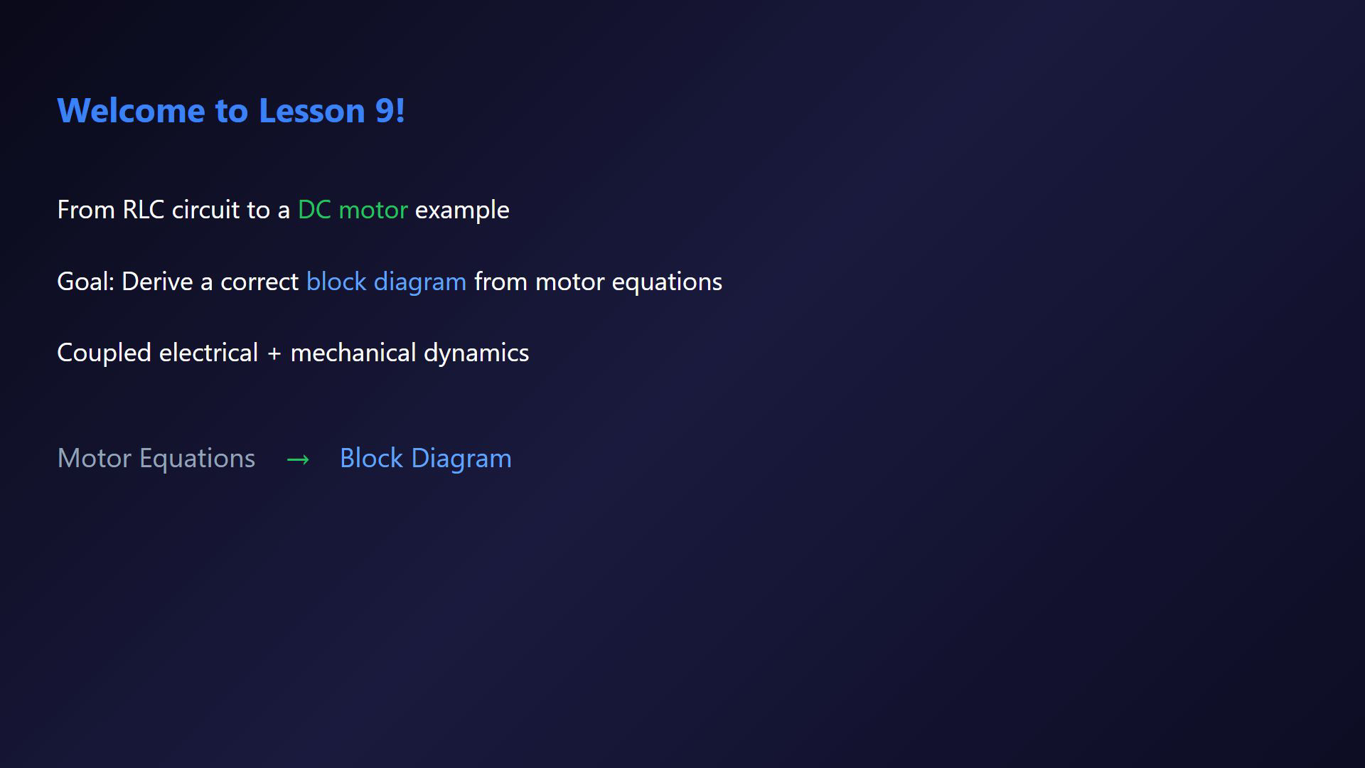 Existing DC motor lesson frame showing equations or a stage in the construction of the signal-flow diagram.