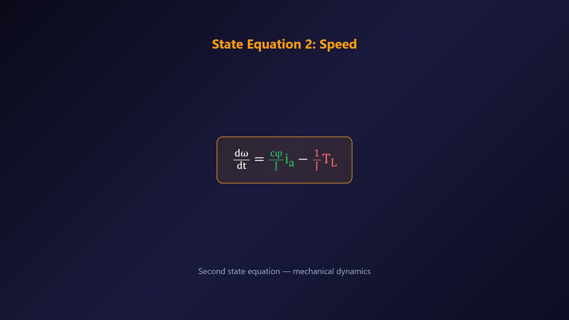 Existing DC motor lesson frame showing equations or a stage in the construction of the signal-flow diagram.