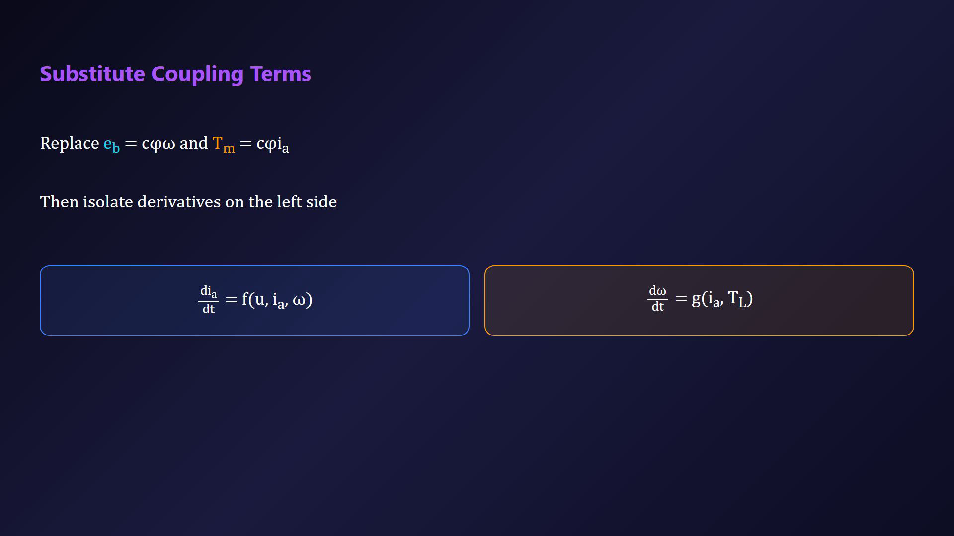 Existing DC motor lesson frame showing equations or a stage in the construction of the signal-flow diagram.