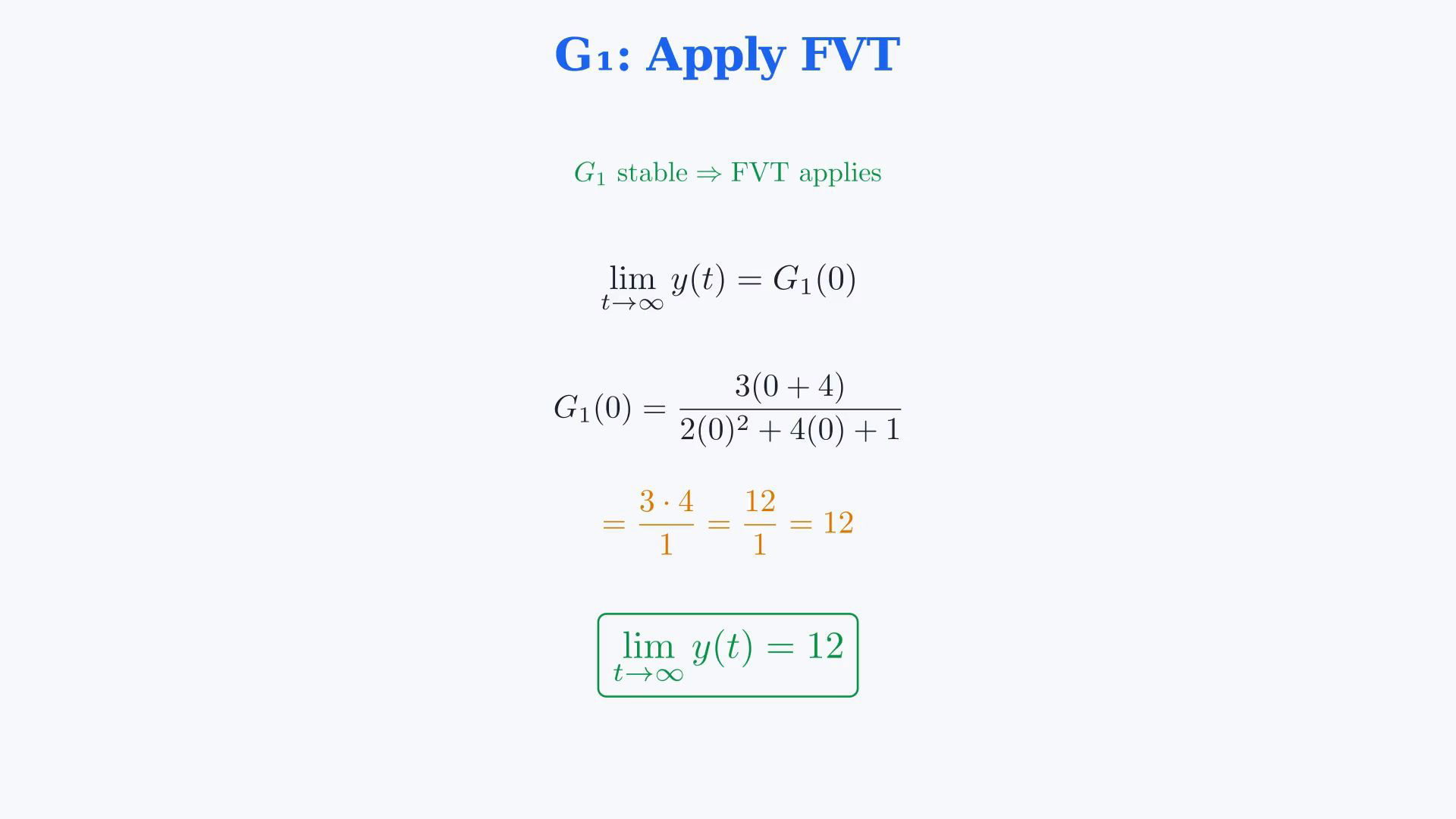 Whole existing final-video frame showing the two transfer functions, the final-value pole condition, the stable quadratic roots or the valid steady-state calculation.
