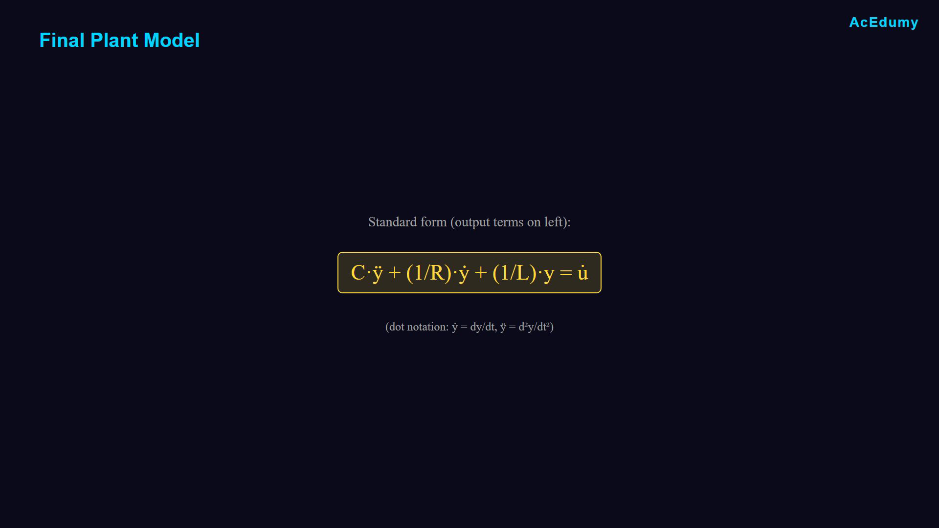 Existing English final-video frame showing the parallel RLC network, a branch equation or the resulting differential model.