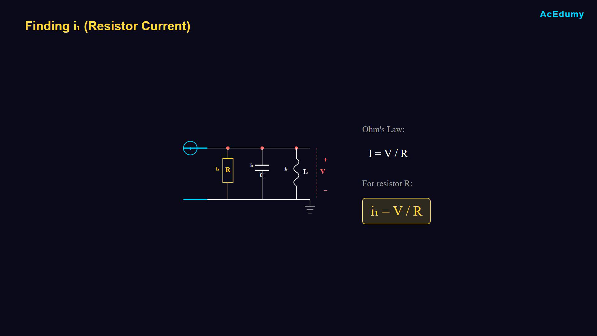 Existing English final-video frame showing the parallel RLC network, a branch equation or the resulting differential model.