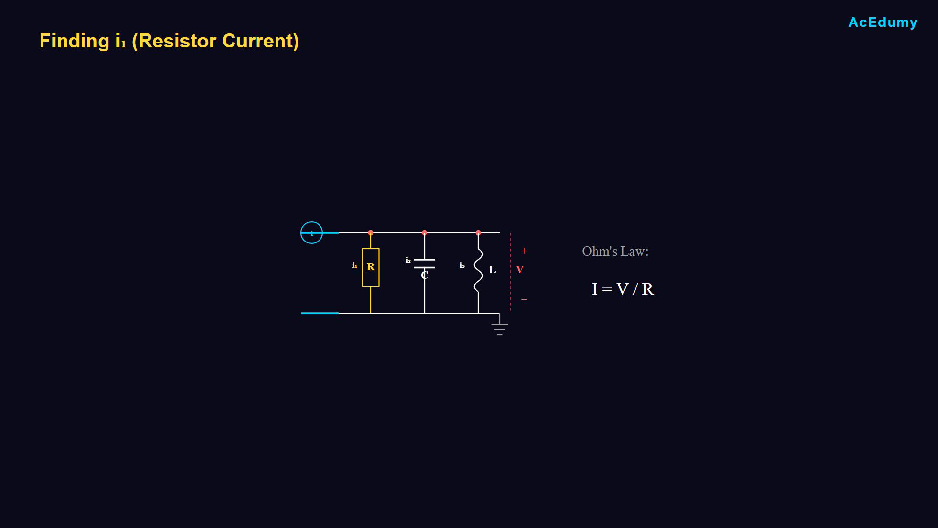 Existing English final-video frame showing the parallel RLC network, a branch equation or the resulting differential model.
