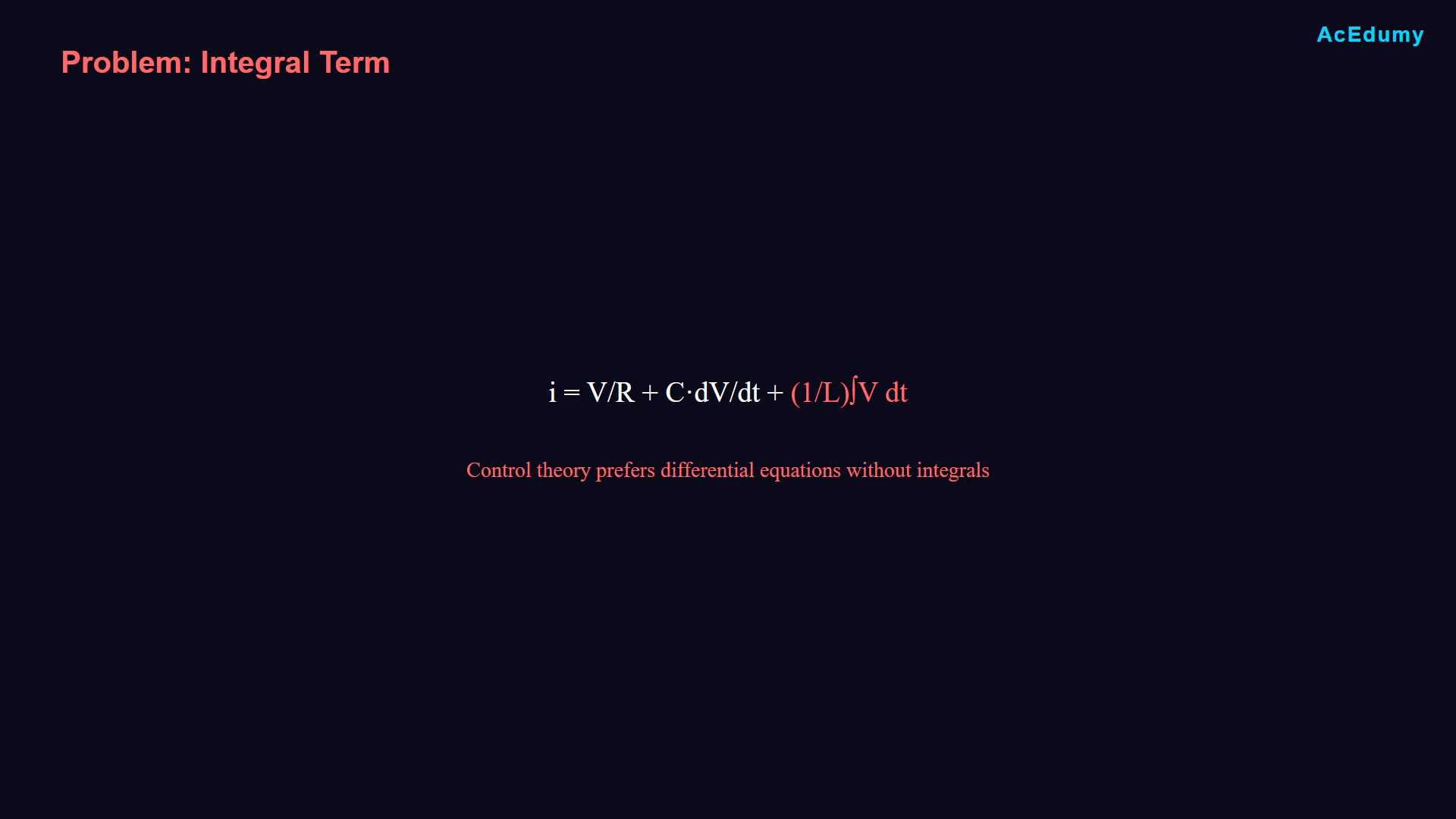 Existing English final-video frame showing the parallel RLC network, a branch equation or the resulting differential model.