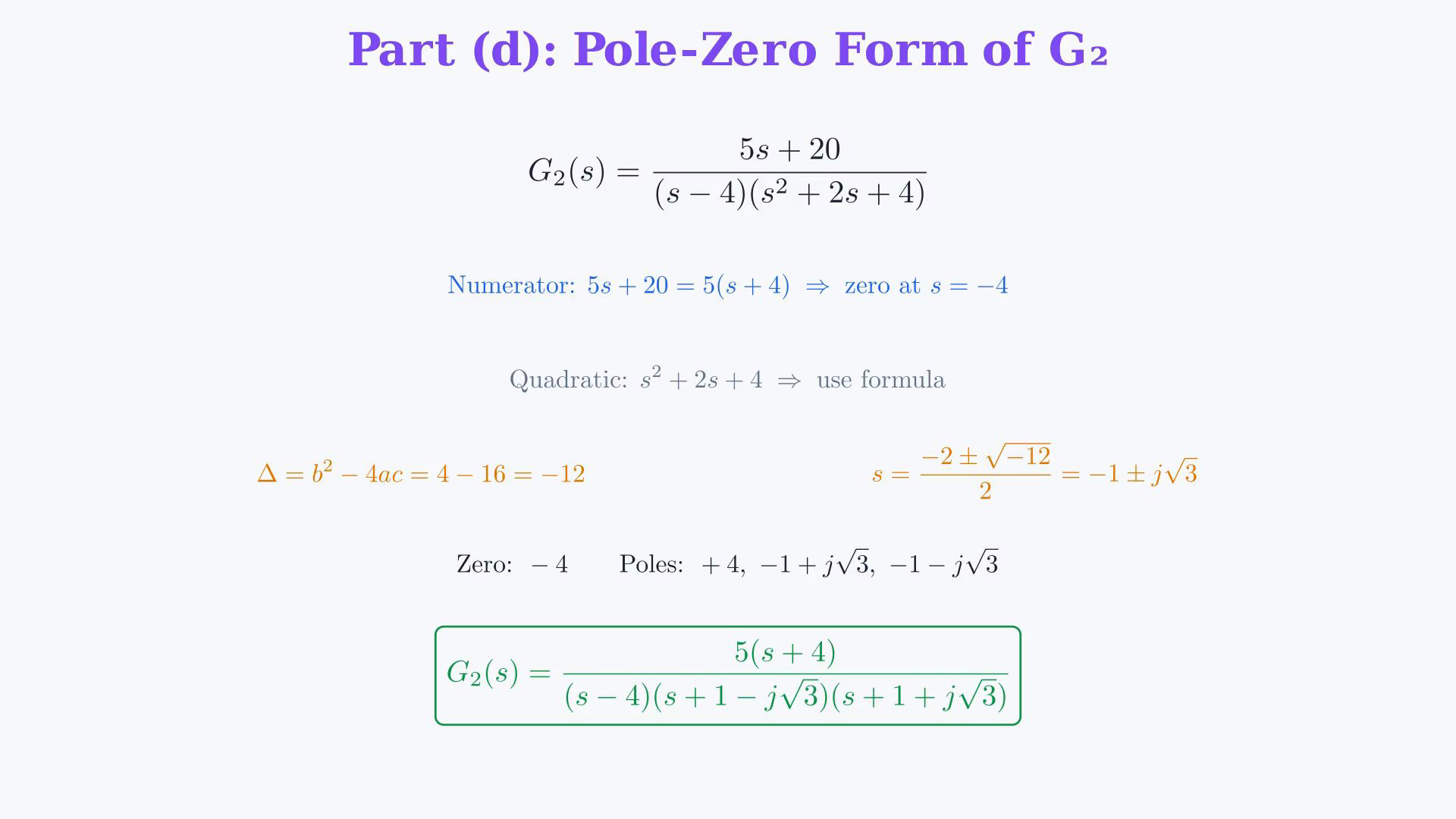 Whole existing final-video frame showing the three rational functions, their degrees, a complete Routh array or the factored pole-zero form.