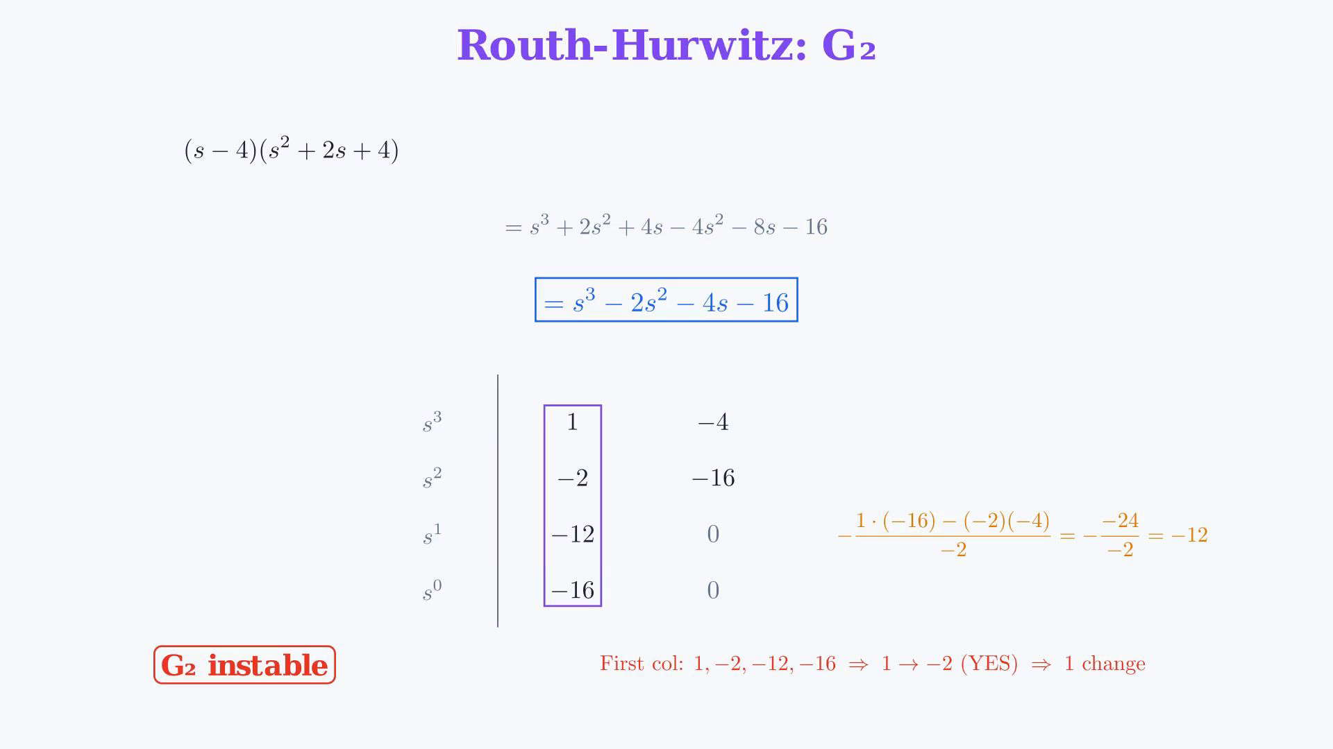 Whole existing final-video frame showing the three rational functions, their degrees, a complete Routh array or the factored pole-zero form.