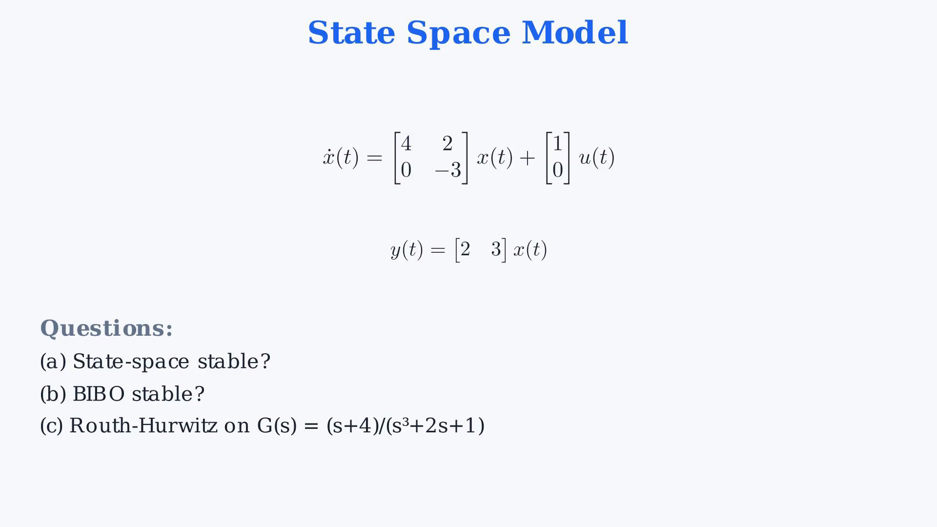 Whole existing final-video frame showing the state matrices, complete resolvent derivation, canceled factor, cubic coefficient ordering, epsilon Routh table or final comparison.