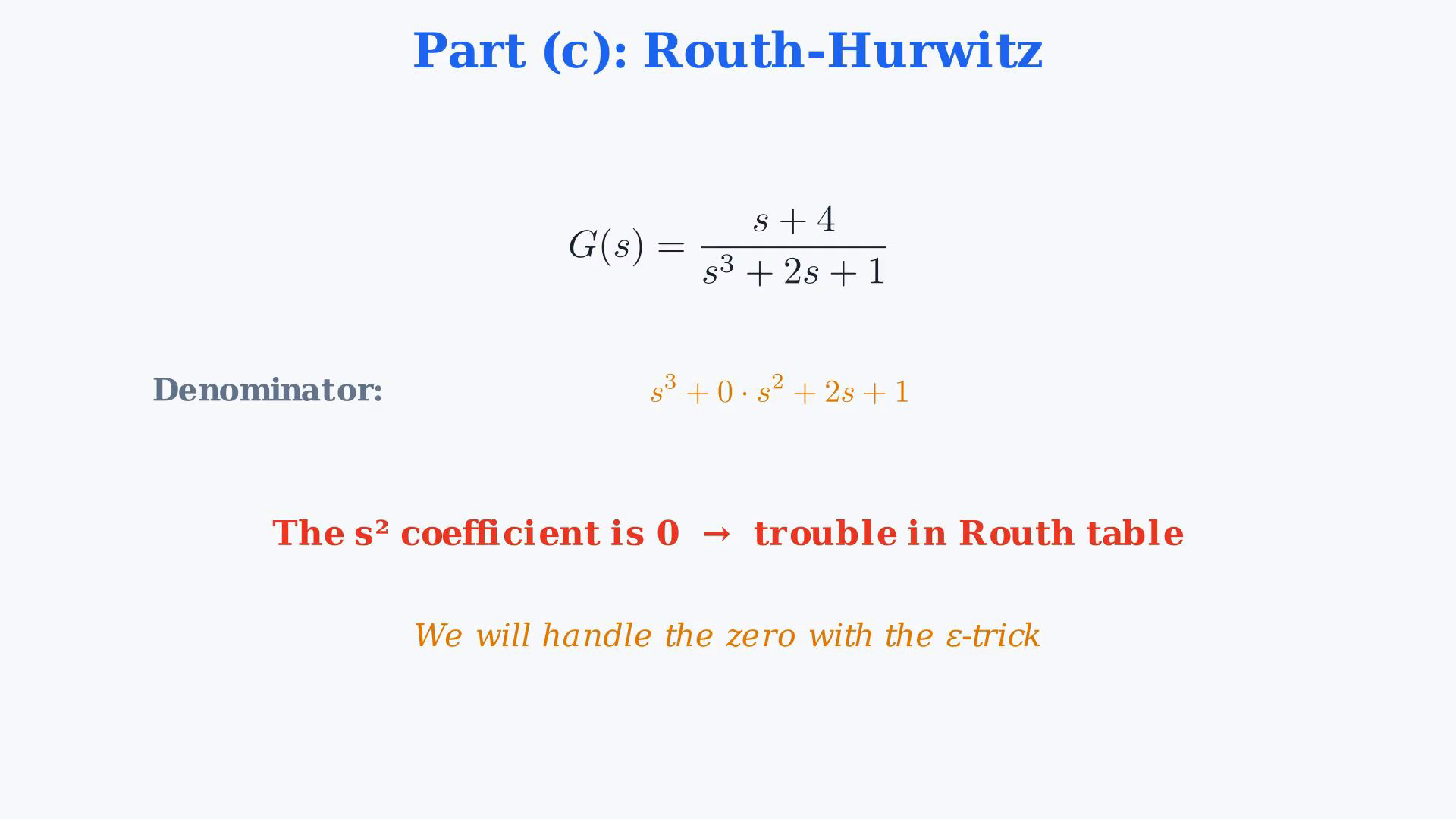 Whole existing final-video frame showing the state matrices, complete resolvent derivation, canceled factor, cubic coefficient ordering, epsilon Routh table or final comparison.