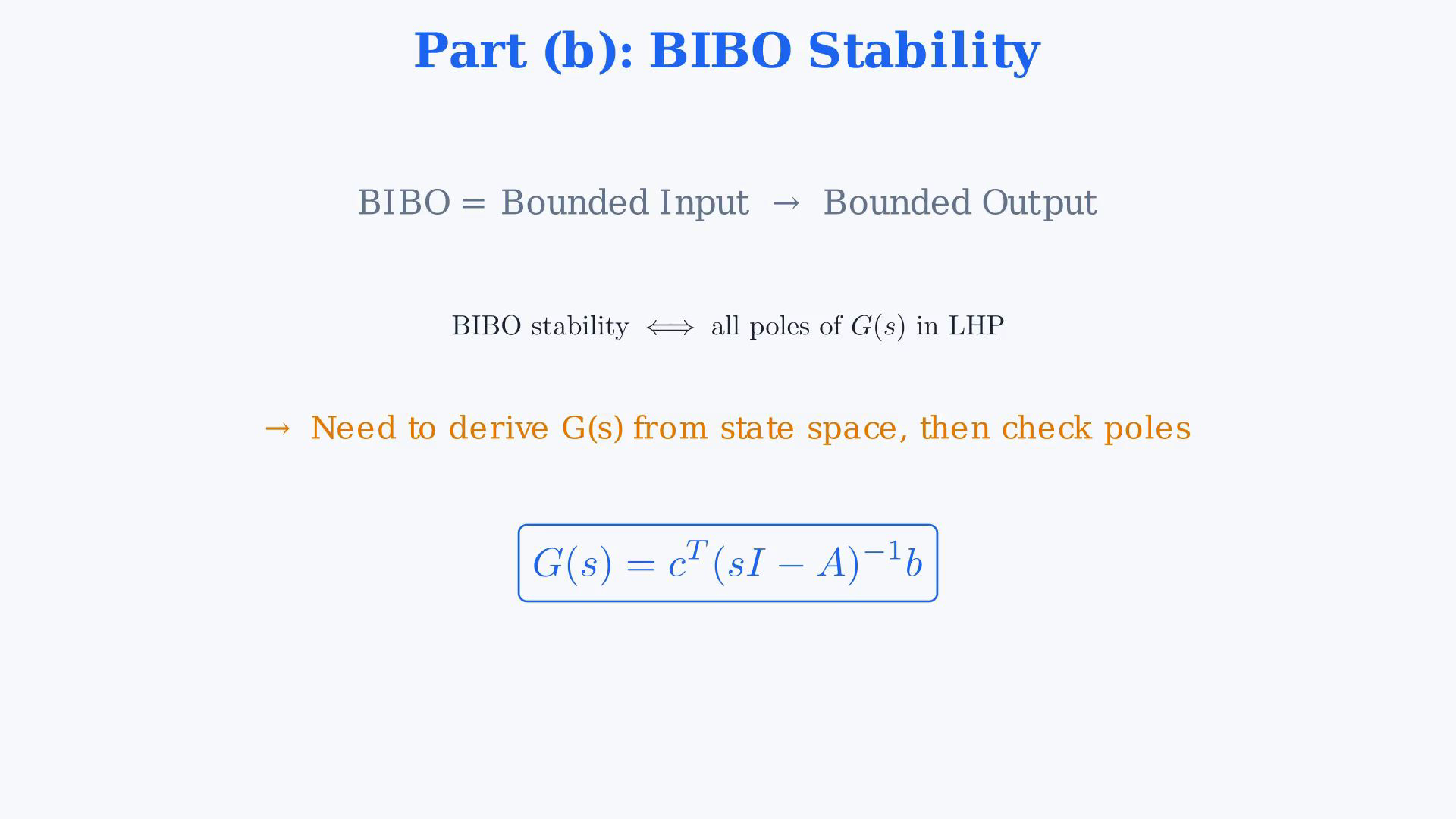 Whole existing final-video frame showing the state matrices, complete resolvent derivation, canceled factor, cubic coefficient ordering, epsilon Routh table or final comparison.