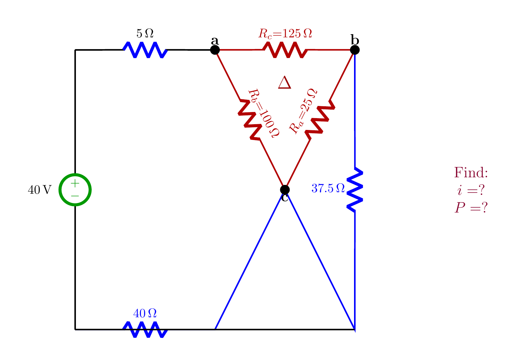 40 V kaynaklı, 5 Ω dış dirençli ve 25 Ω–100 Ω–125 Ω Delta köprülü birinci örnek.