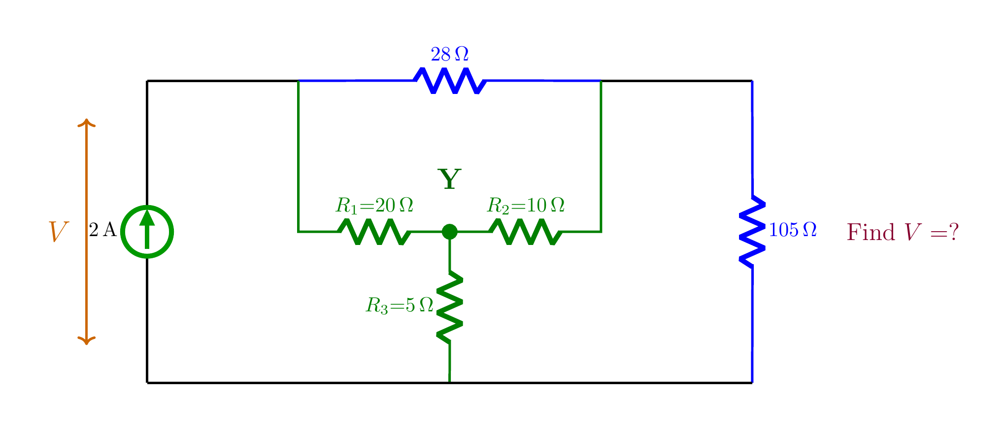 2 A kaynaklı, 20 Ω–10 Ω–5 Ω Yıldız ağı ve 28 Ω ile 105 Ω dış dirençleri içeren ikinci örnek.