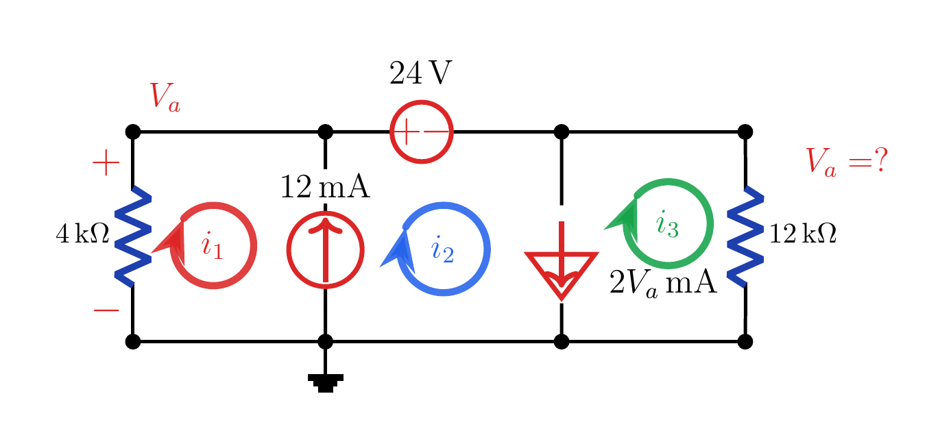 Three-mesh circuit with 4 kΩ and 12 kΩ resistors, a 24 V source, and independent and dependent current sources.