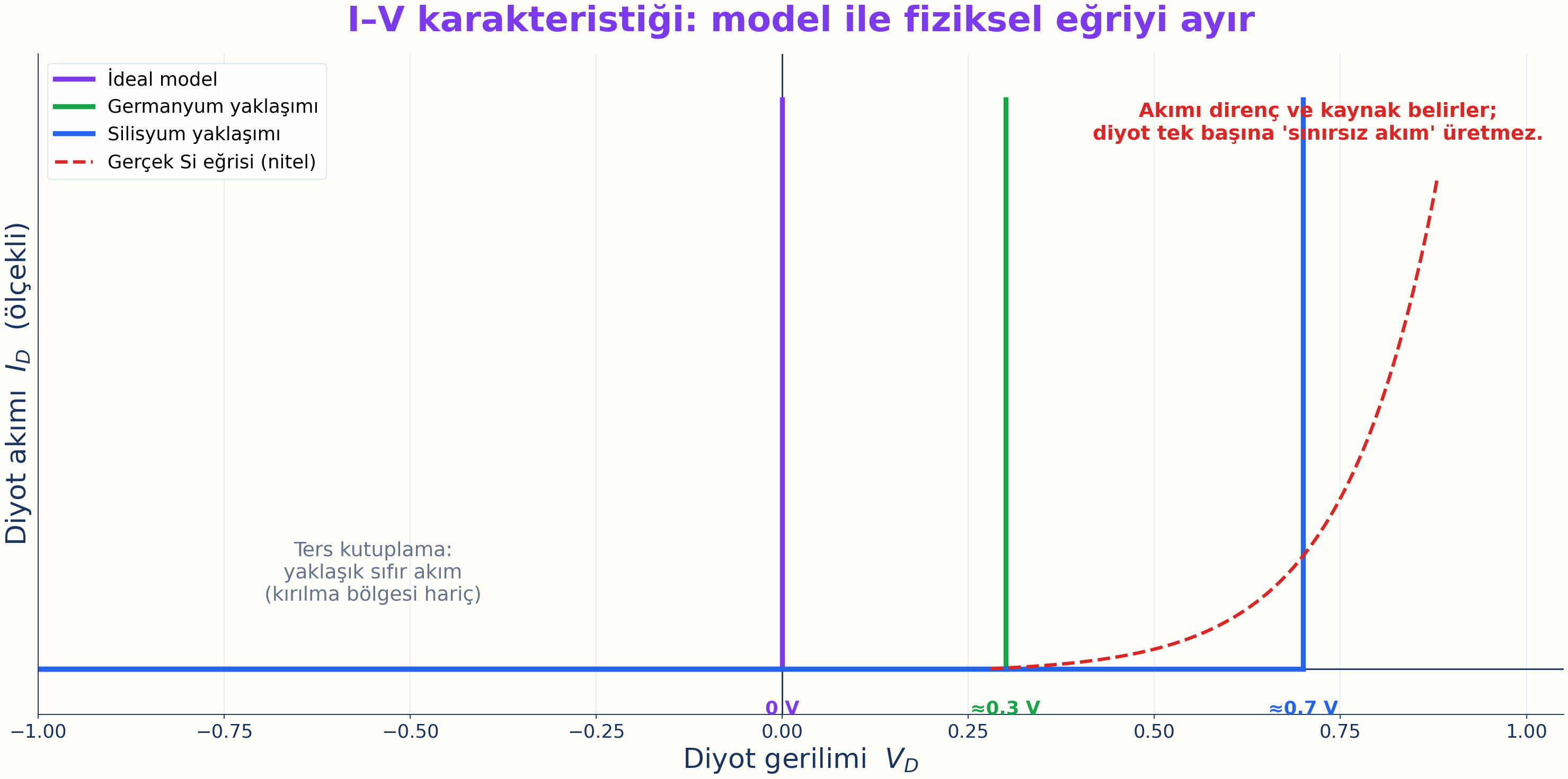 Diyot gerilimine karşı diyot akımı grafiğinde ideal, germanyum ve silisyum parçalı modelleri ile nitel gerçek silisyum eğrisi karşılaştırılıyor.