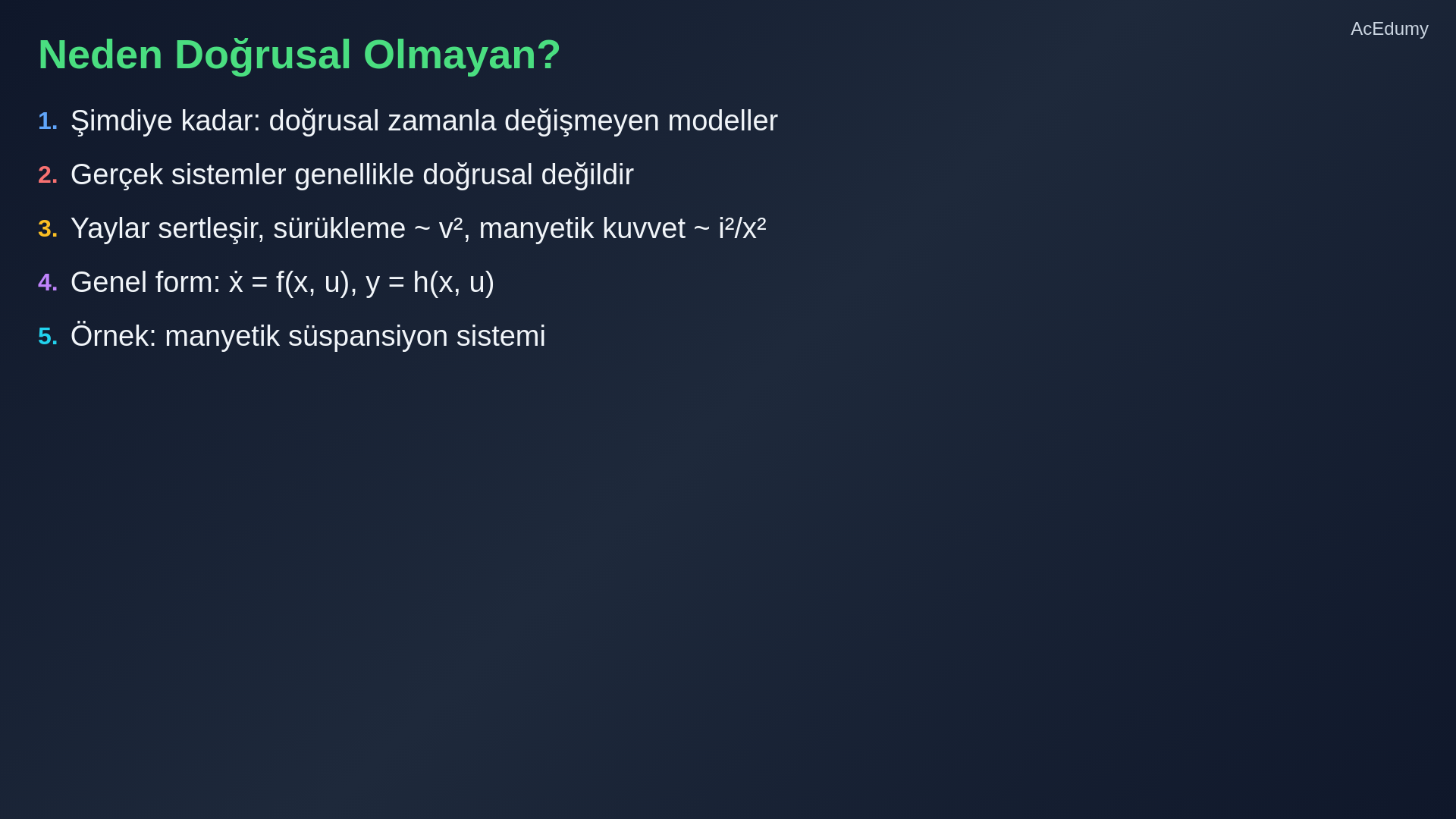 Doğrusal olmayan durum modeli, manyetik süspansiyon kuvvet dengesi, durum değişkenleri ve yerel lineerleştirme kapsamını gösteren ders karesi.