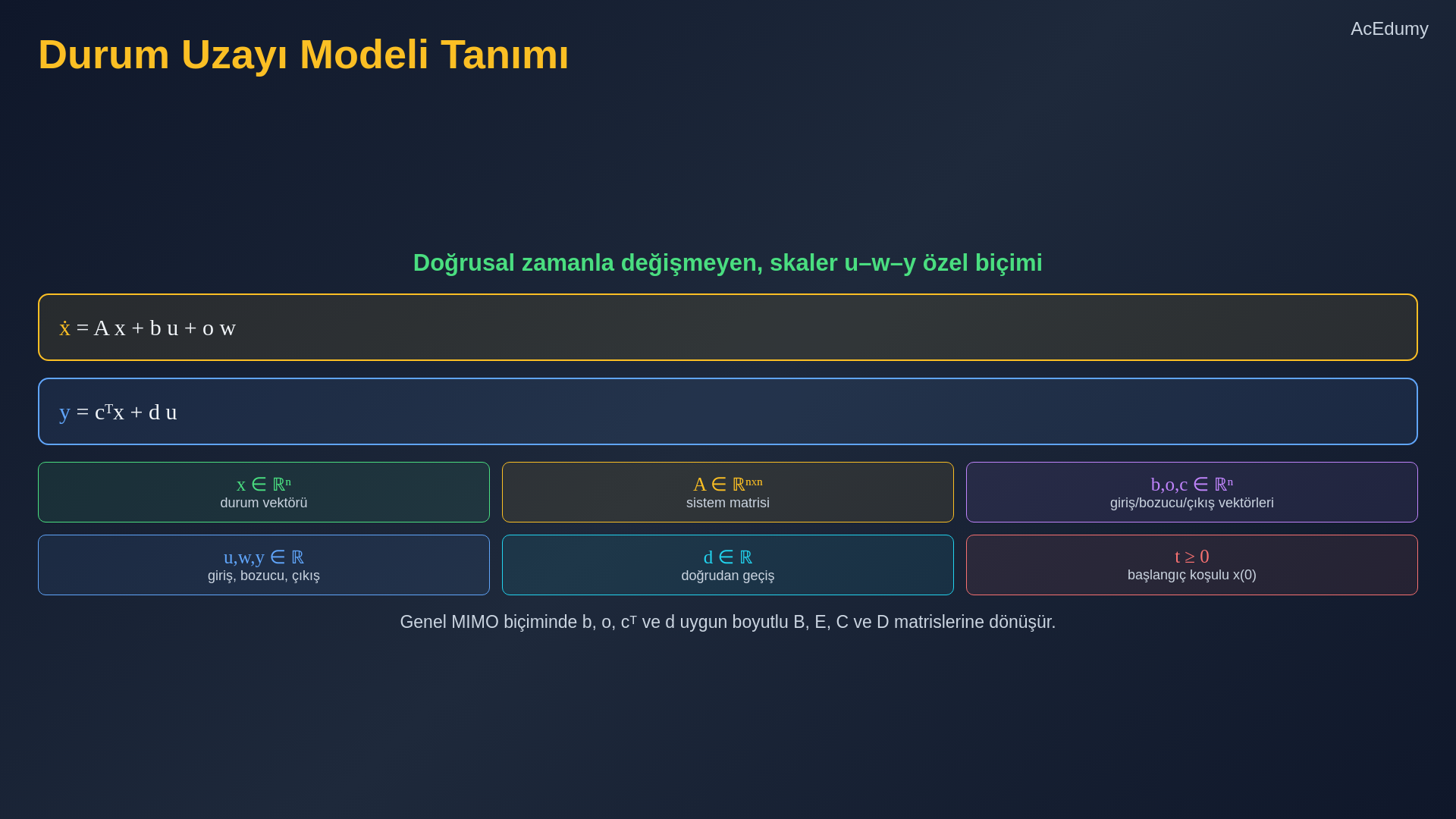 Transfer fonksiyonu ve durum uzayı karşılaştırması, RLC ve DC motor matris modelleri ile integratör-durum ilişkisini gösteren ders karesi.