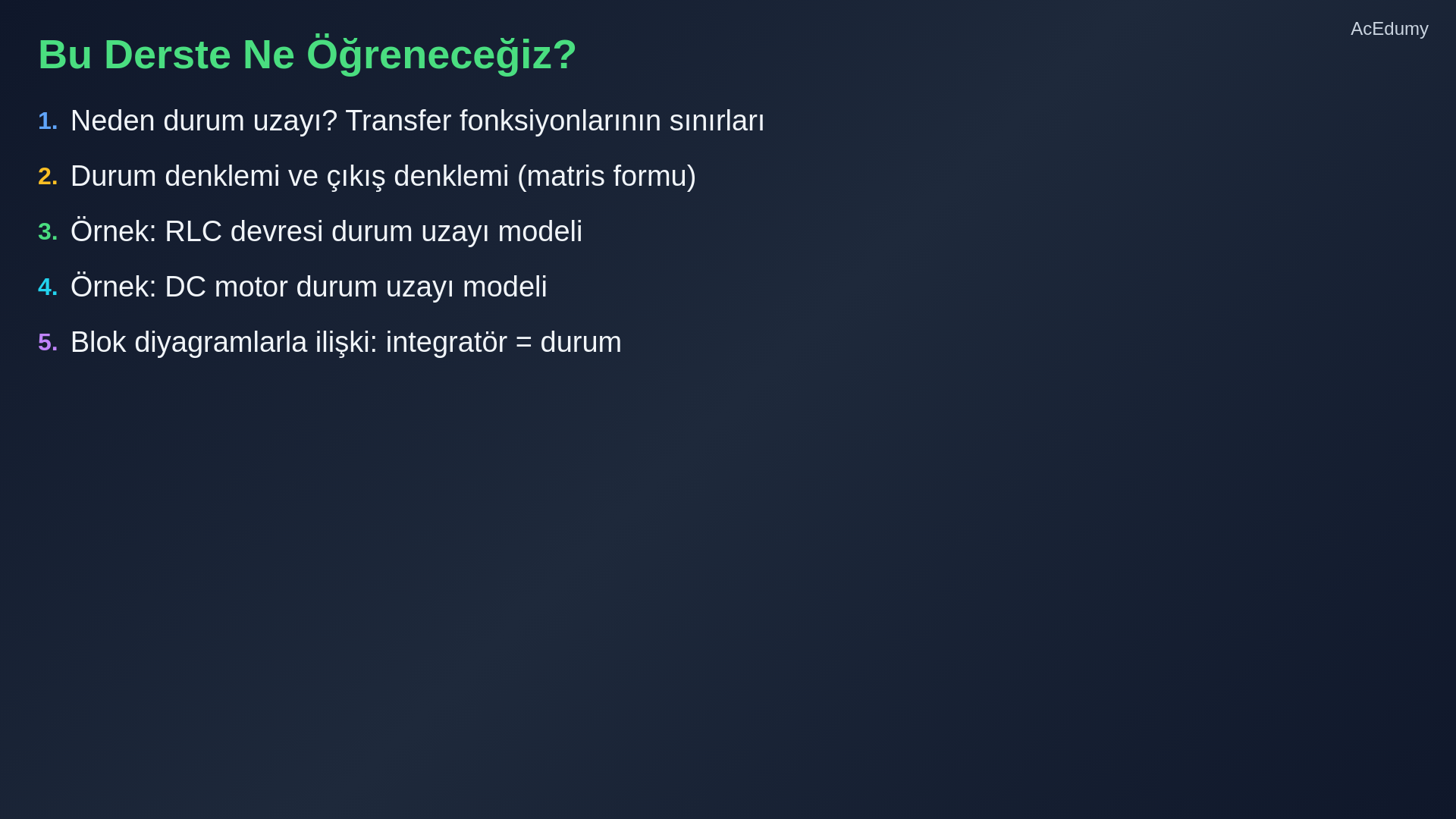 Transfer fonksiyonu ve durum uzayı karşılaştırması, RLC ve DC motor matris modelleri ile integratör-durum ilişkisini gösteren ders karesi.