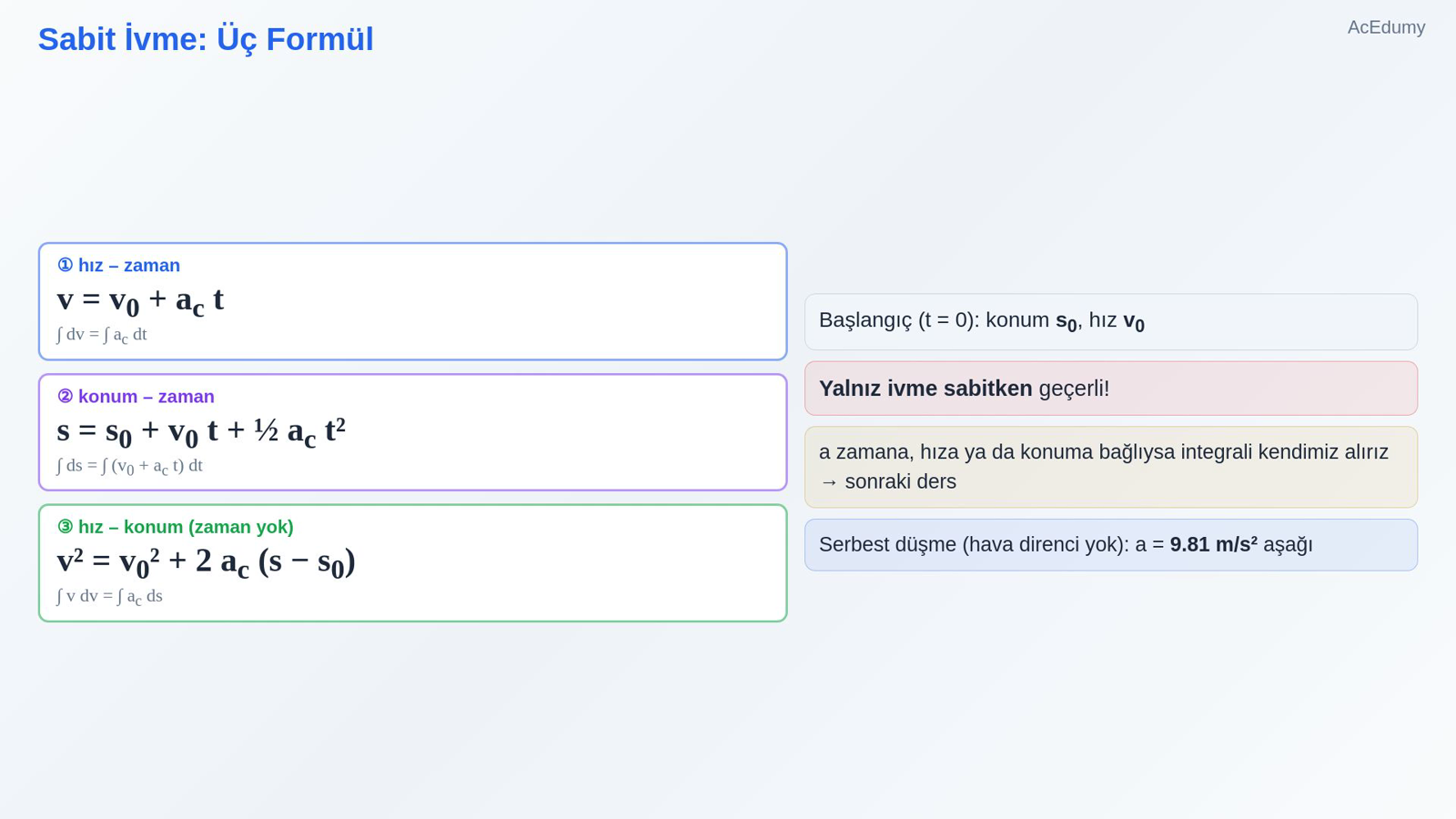 Sabit İvme: Üç Formül