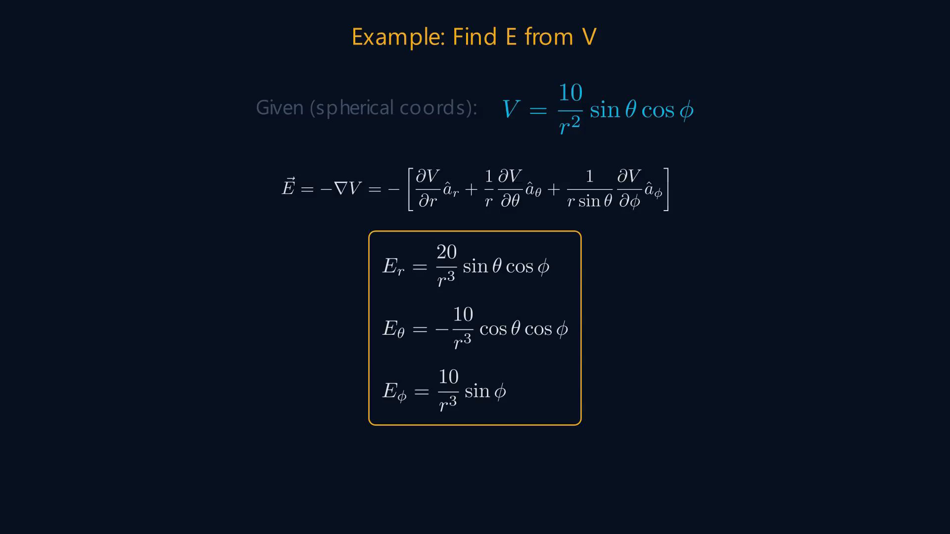 Lesson frame showing electric potential, the E–V relationship, and a spherical-coordinate example.