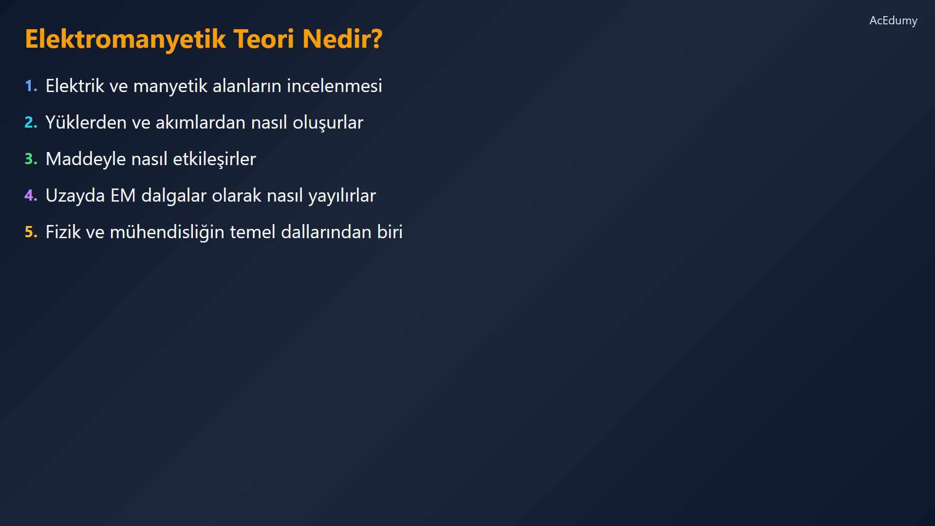 Elektromanyetik teorinin elektrik ve manyetik alanları, yükleri, akımları ve dalga yayılımını nasıl bir araya getirdiğini gösteren ders karesi.