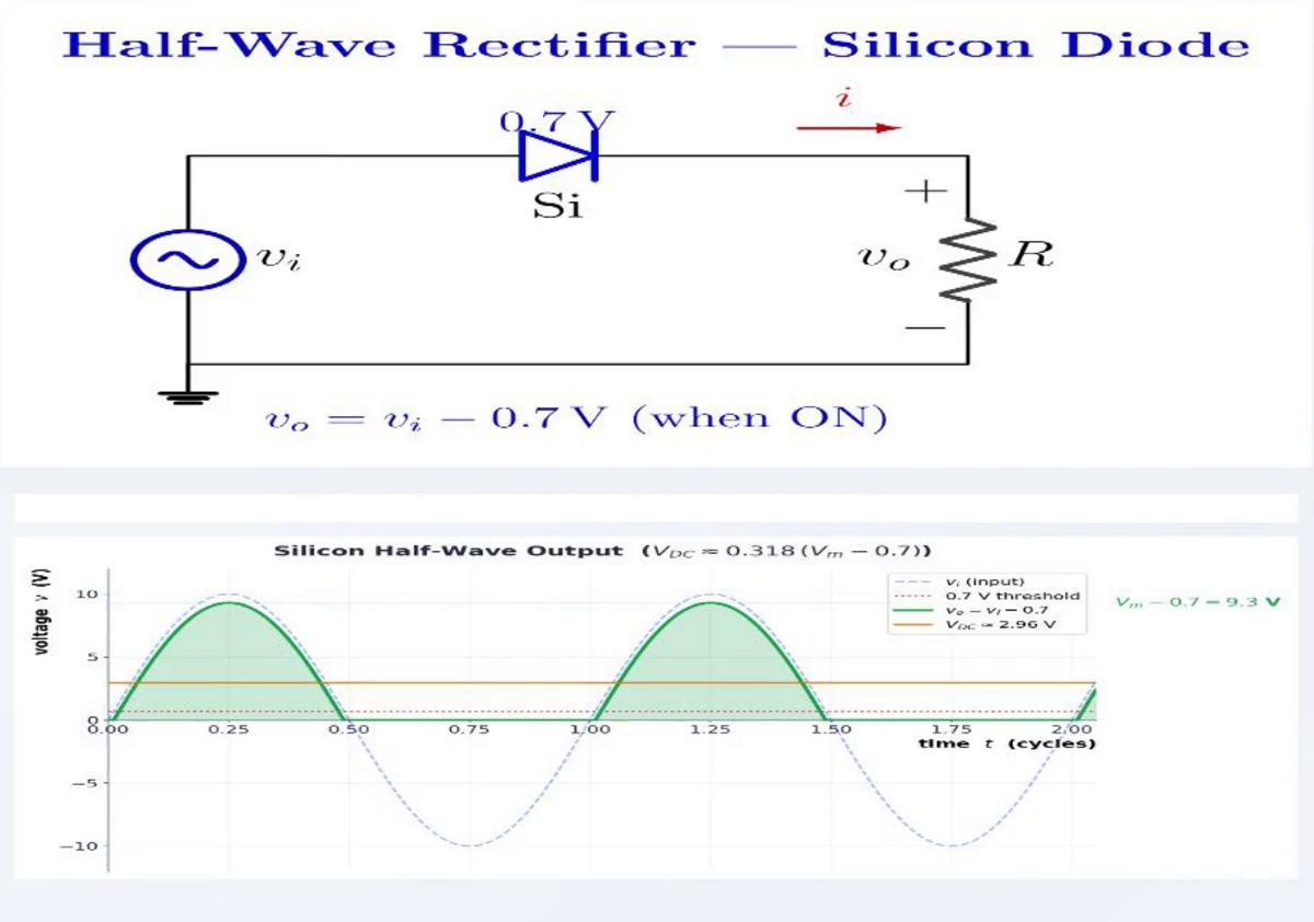 A silicon diode with a 0.7 volt constant drop produces a lower positive output peak and remains off near both zero crossings.