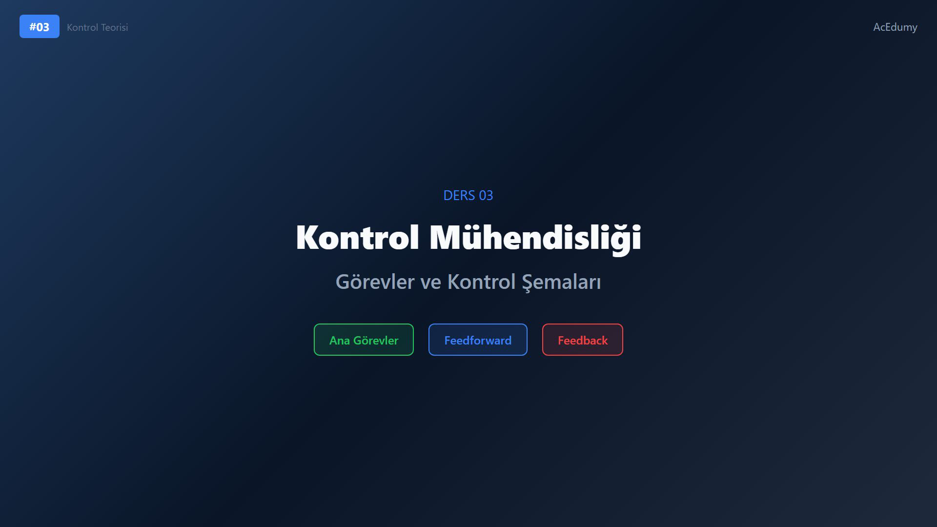 Kontrol mühendisliğinin görevlerini, ileri ve geri beslemeli kontrol şemalarını ve dört adımlı çözüm prosedürünü gösteren ders karesi.