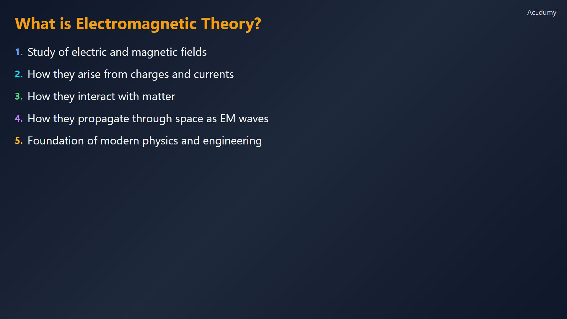 Lesson frame connecting electric and magnetic fields with charges, currents, matter, and electromagnetic-wave propagation.