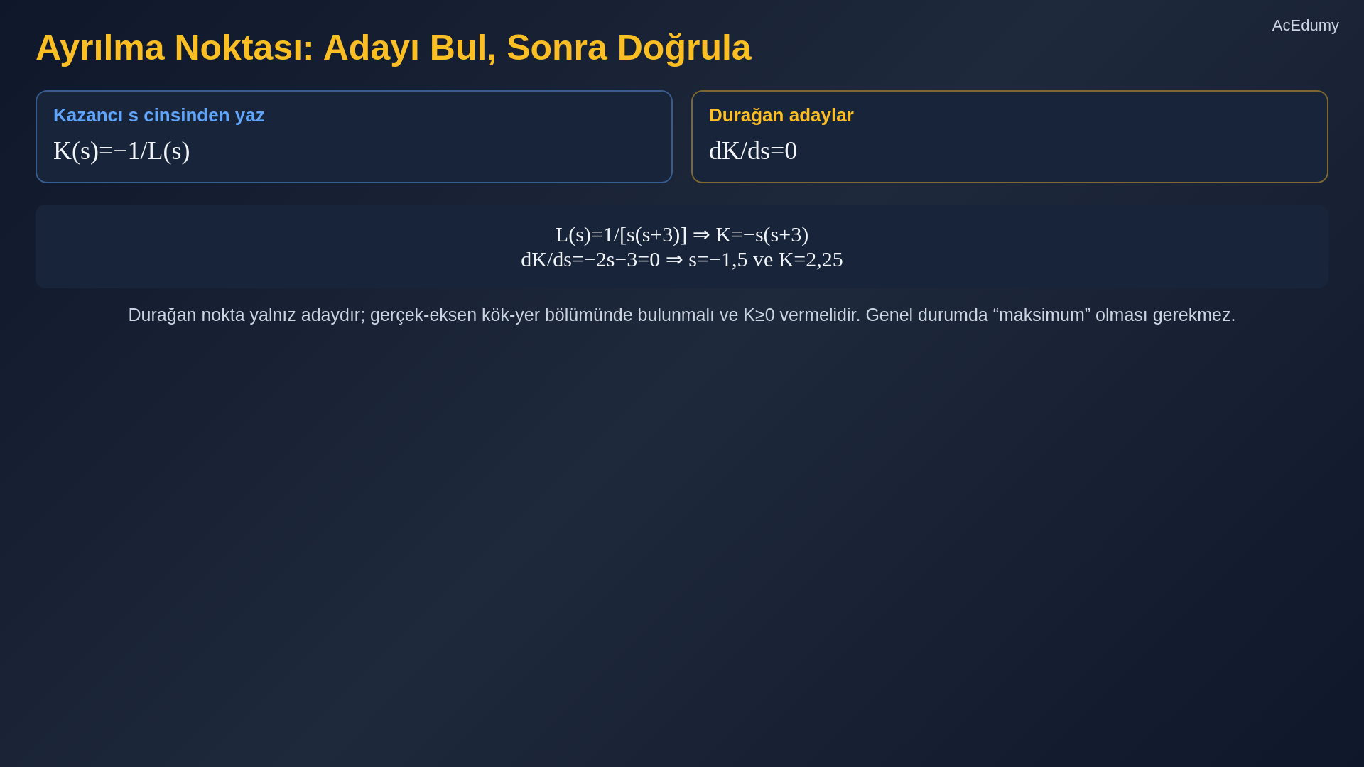 Kök yer eğrisi dallarını, gerçek eksen kuralını, asimptotları, ayrılma noktalarını ve kararlılık sınırını gösteren ders karesi.