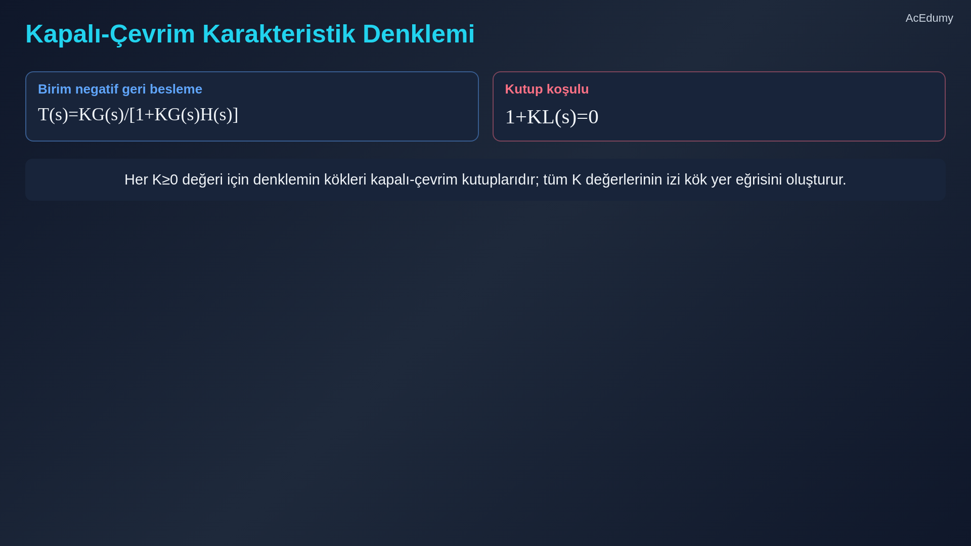 Kök yer eğrisi dallarını, gerçek eksen kuralını, asimptotları, ayrılma noktalarını ve kararlılık sınırını gösteren ders karesi.