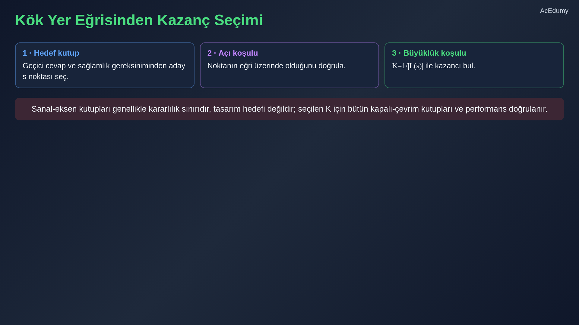 Kök yer eğrisi dallarını, gerçek eksen kuralını, asimptotları, ayrılma noktalarını ve kararlılık sınırını gösteren ders karesi.