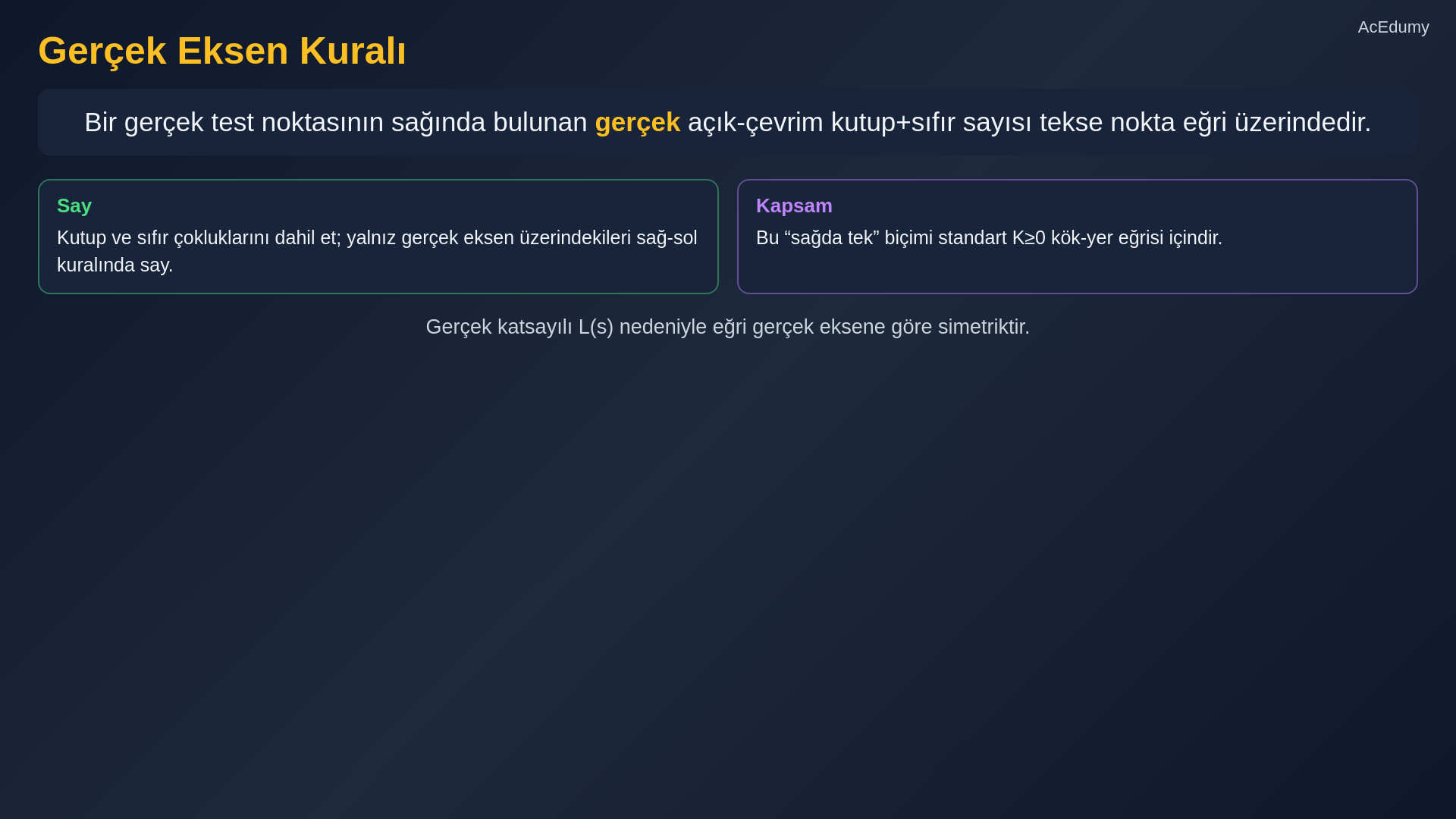 Kök yer eğrisi dallarını, gerçek eksen kuralını, asimptotları, ayrılma noktalarını ve kararlılık sınırını gösteren ders karesi.