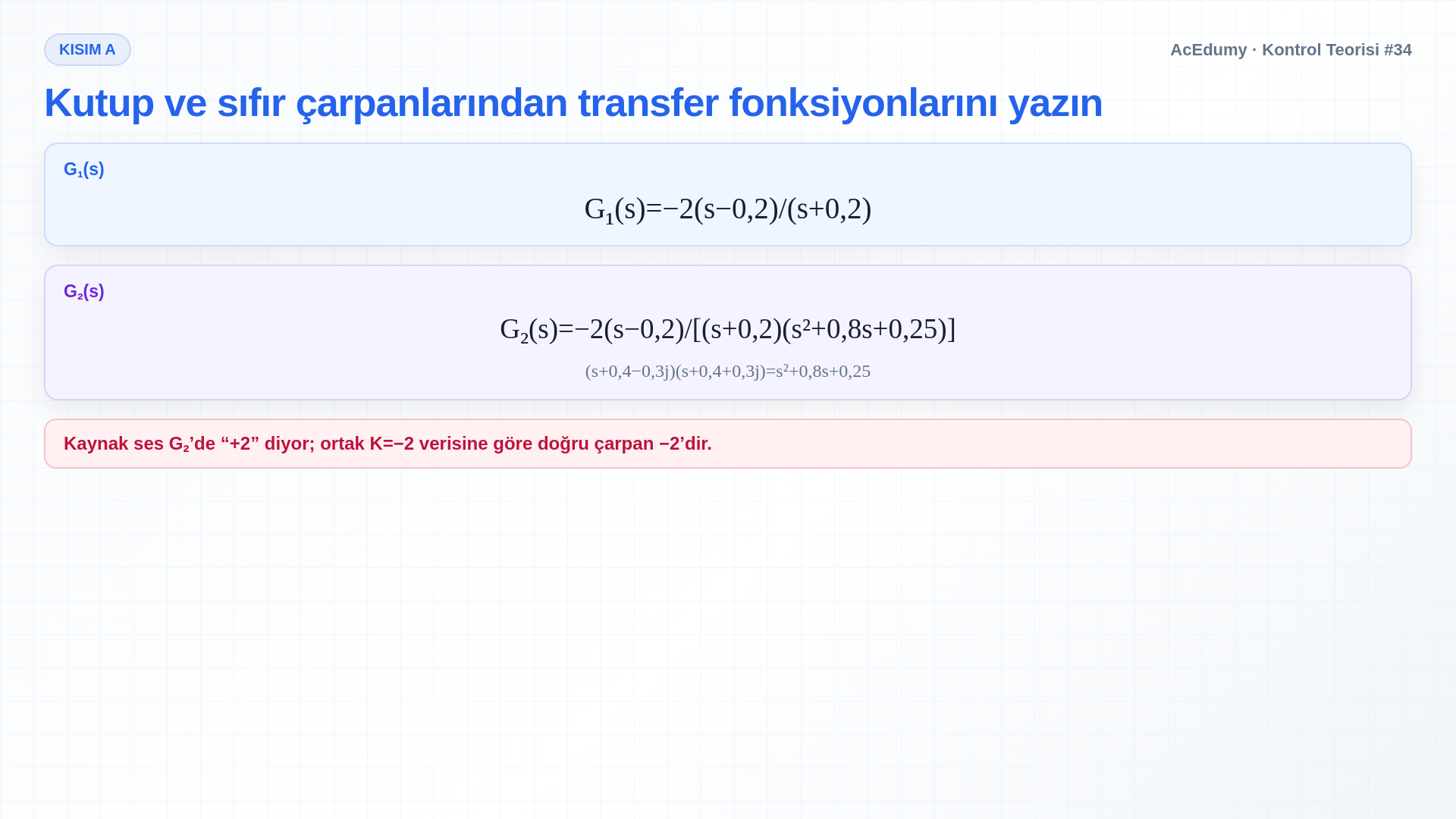 İki sistemin kutup-sıfır diyagramlarını, doğru transfer fonksiyonlarını, bağıl derecelerini, kararlılıklarını ve A matrisi özdeğer eşleşmesini gösteren Türkçe çözüm karesi.