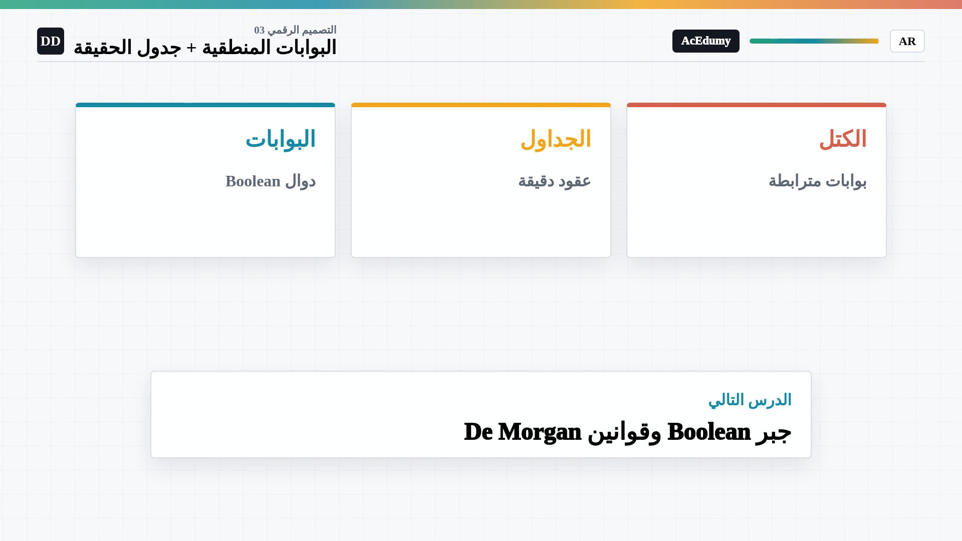إطار كامل من الفيديو العربي الأصلي يعرض دالة بوابة أو جداول الحقيقة أو دائرة AND وOR وNOT المحلولة؛ يحتفظ بالرموز والحروف الأصلية.