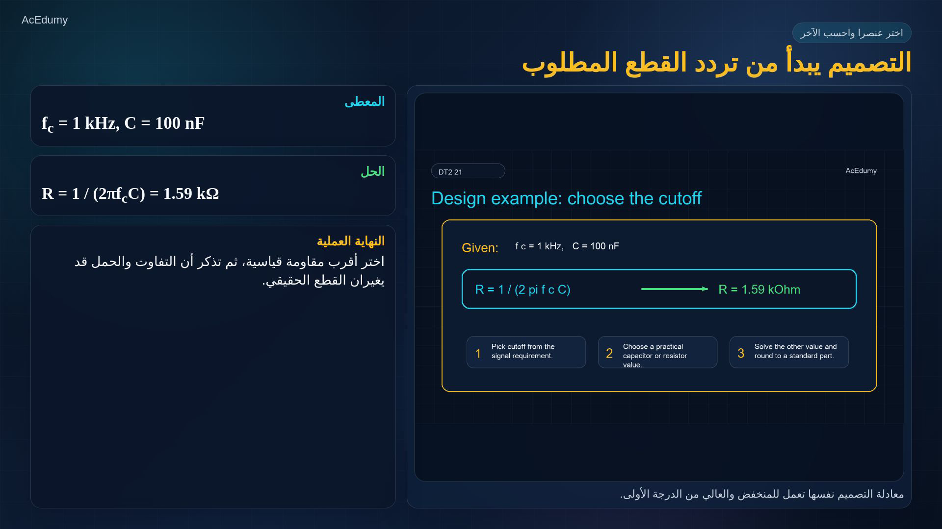 مرجع أصلي يشرح مرشح RC أو تردد القطع أو تصميم المنخفض والعالي.