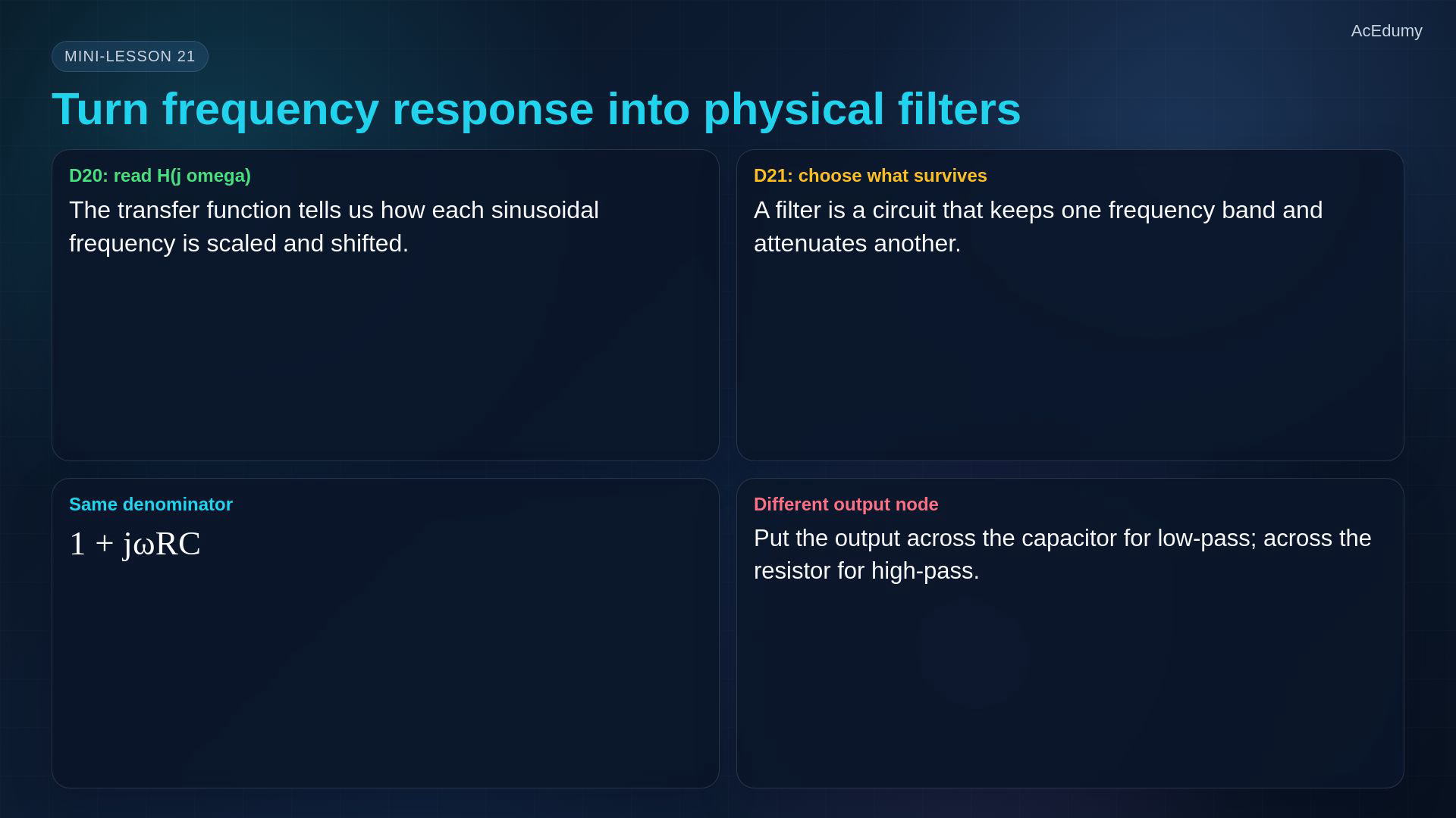 Reviewed original English video reference comparing RC filter topology, response, cutoff or design.