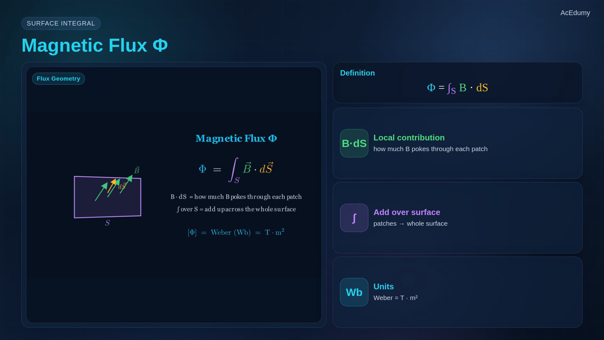 Lesson frame showing magnetic flux density, magnetic flux, closed magnetic field lines, and the static Maxwell equations.