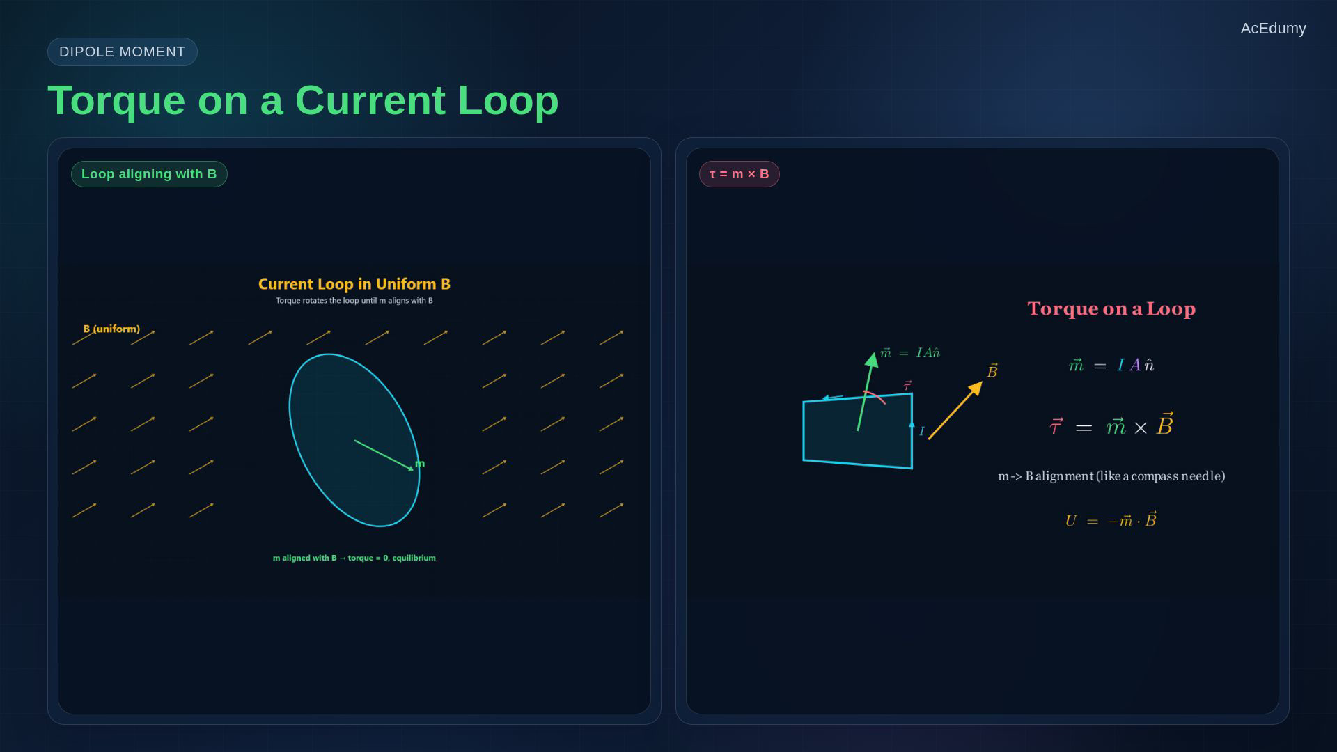 Lesson frame showing Lorentz force, a current-carrying wire, current-loop torque, and magnetic materials.